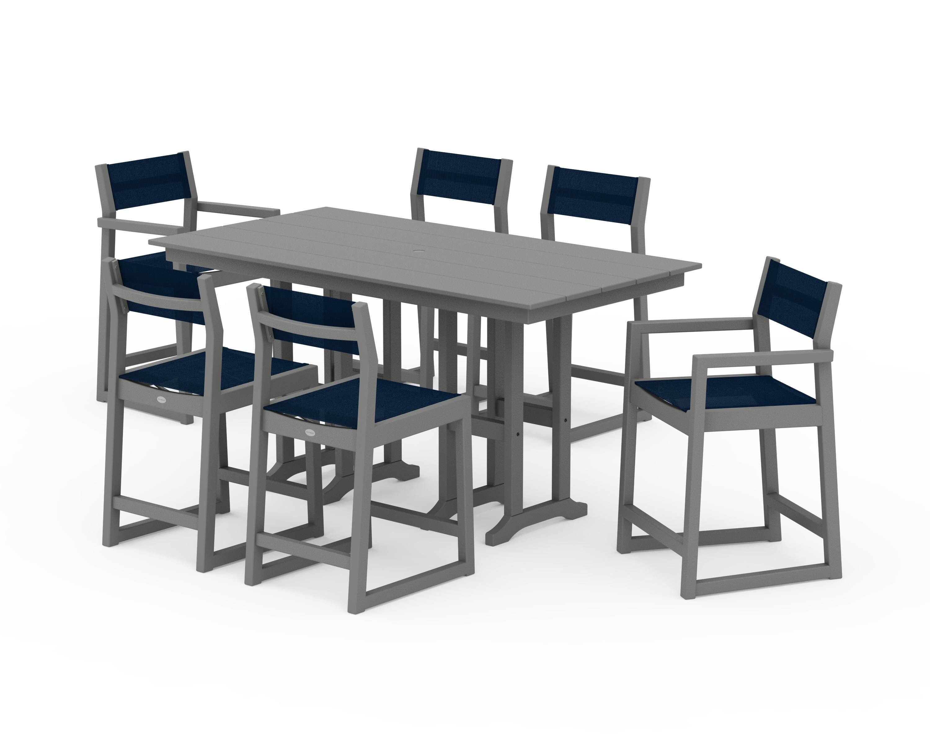 POLYWOOD EDGE Sling 7-Piece Farmhouse Counter Set with Trestle Legs in Slate Grey / Navy Blue Sling