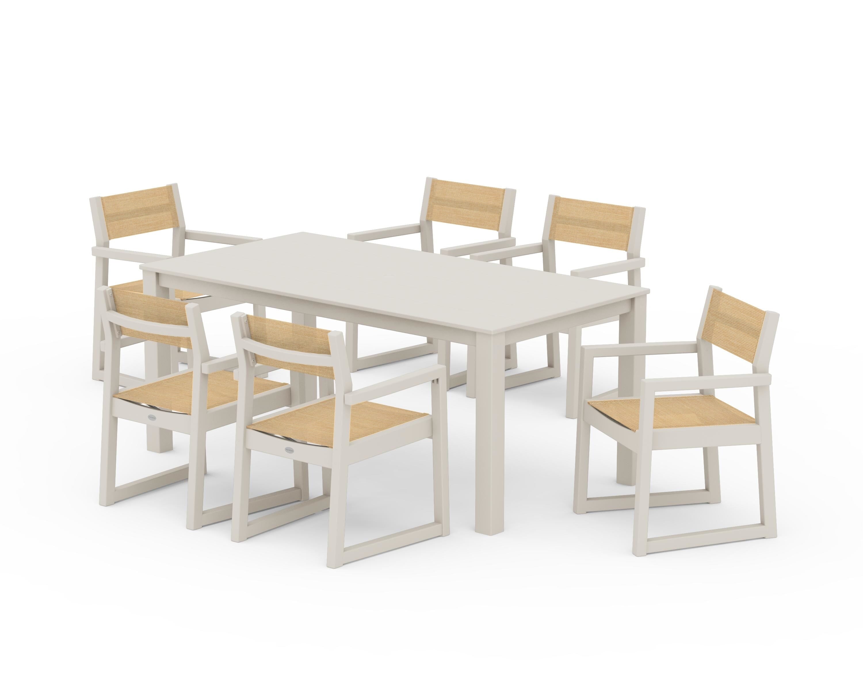 POLYWOOD EDGE Sling Arm Chair 7-Piece Parsons Dining Set in Sand / Dupioni Apricot Sling
