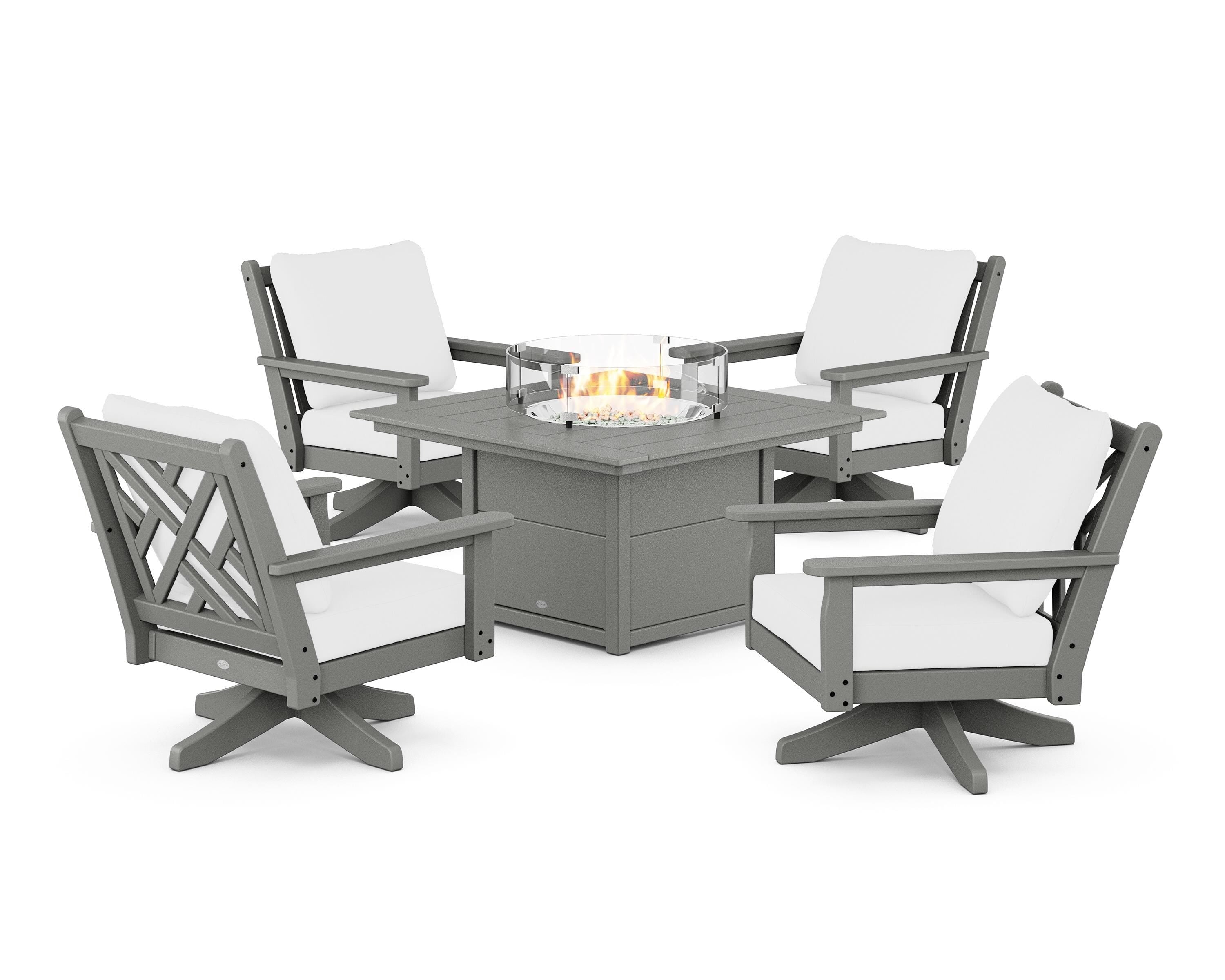 POLYWOOD Chippendale 5-Piece Deep Seating Swivel Conversation Set with Fire Pit Table in Slate Grey / Natural
