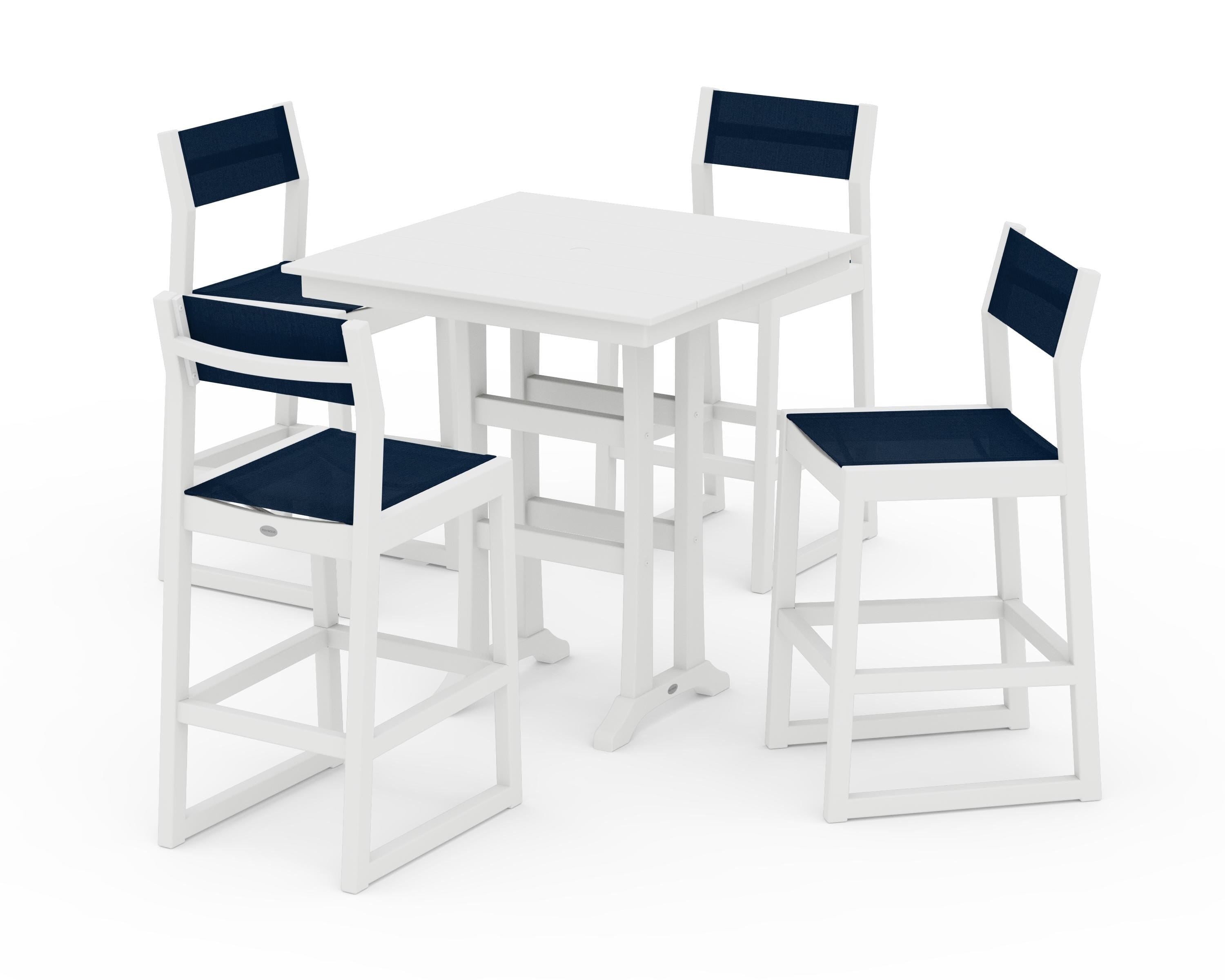 POLYWOOD EDGE Sling Arm Chair 5-Piece Farmhouse Bar Set with Trestle Legs in White / Navy Blue Sling