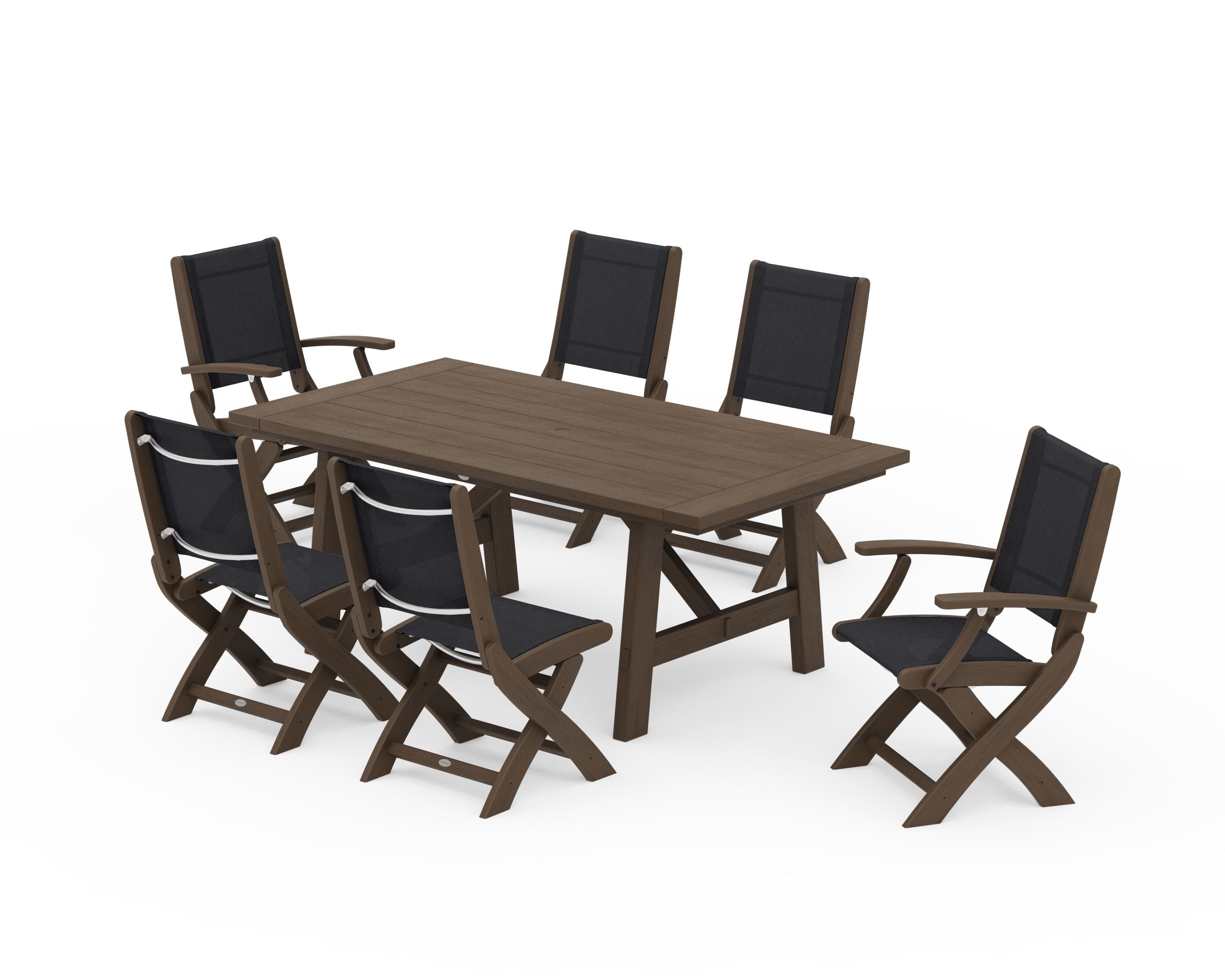 POLYWOOD Coastal Folding Chair 7-Piece Rustic Farmhouse Dining Set in Kona / Black Sling