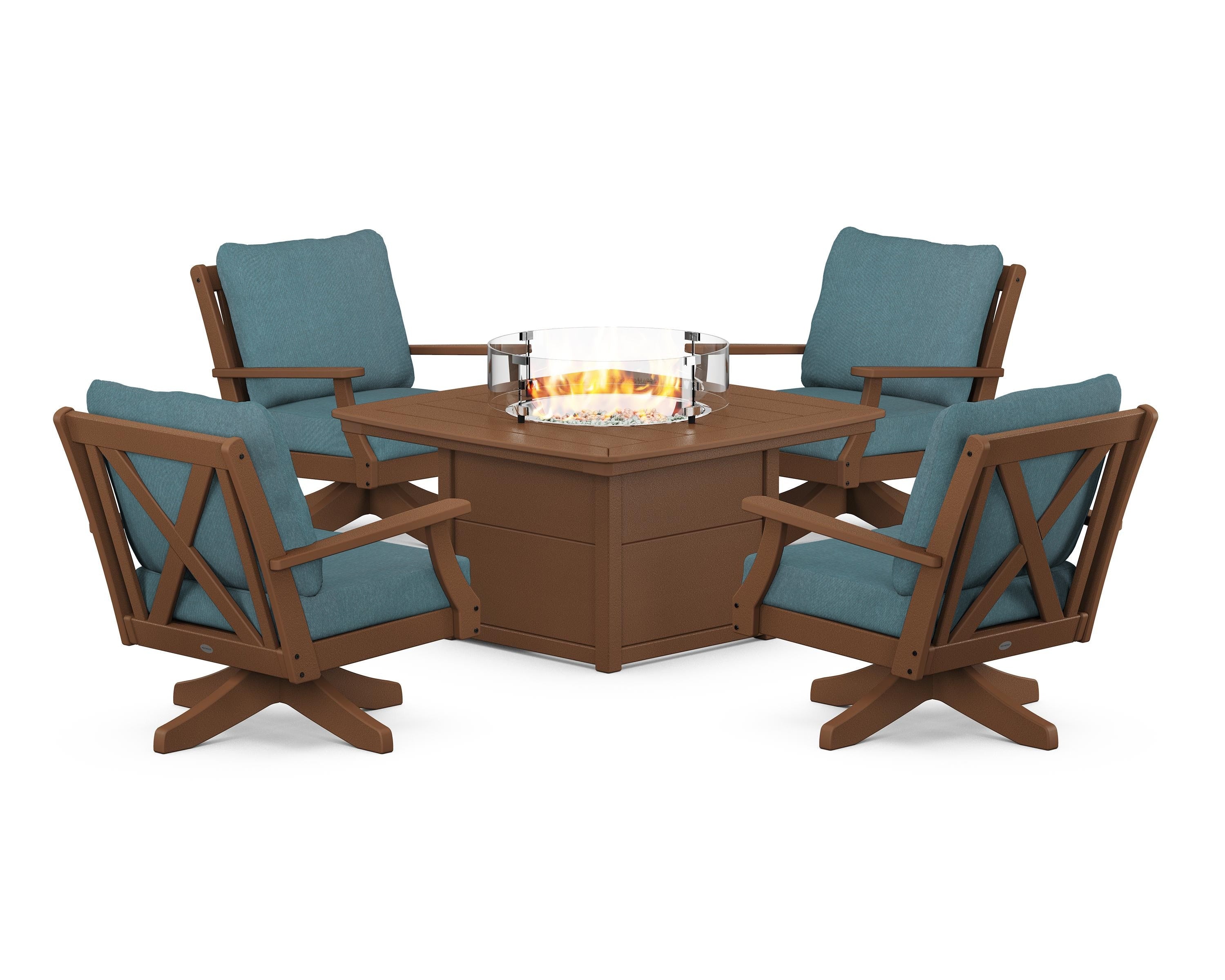 POLYWOOD Braxton 5-Piece Deep Seating Swivel Conversation Set with Fire Pit Table in Teak / Ocean Teal