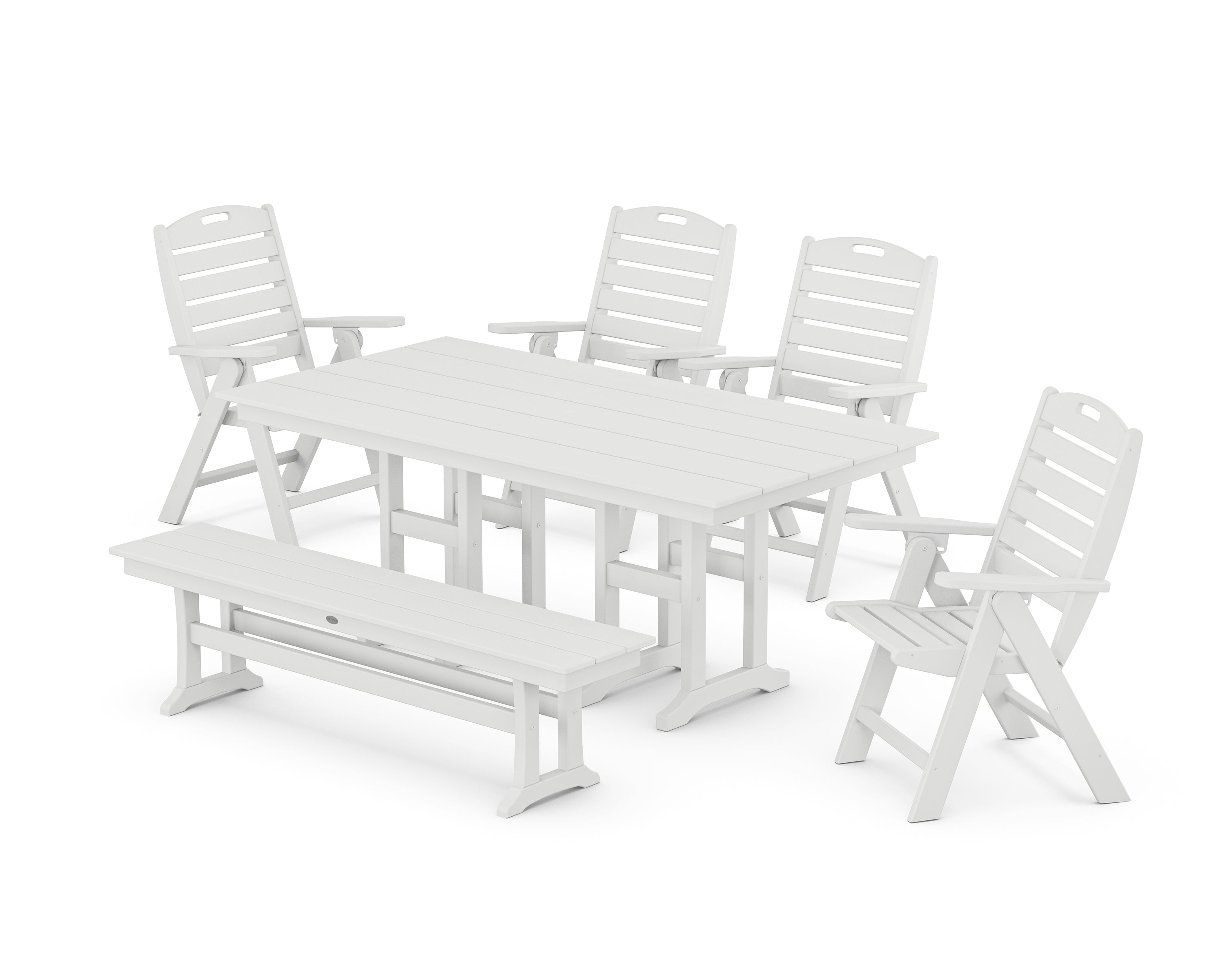 POLYWOOD Nautical Highback 6-Piece Farmhouse Dining Set with Bench in White