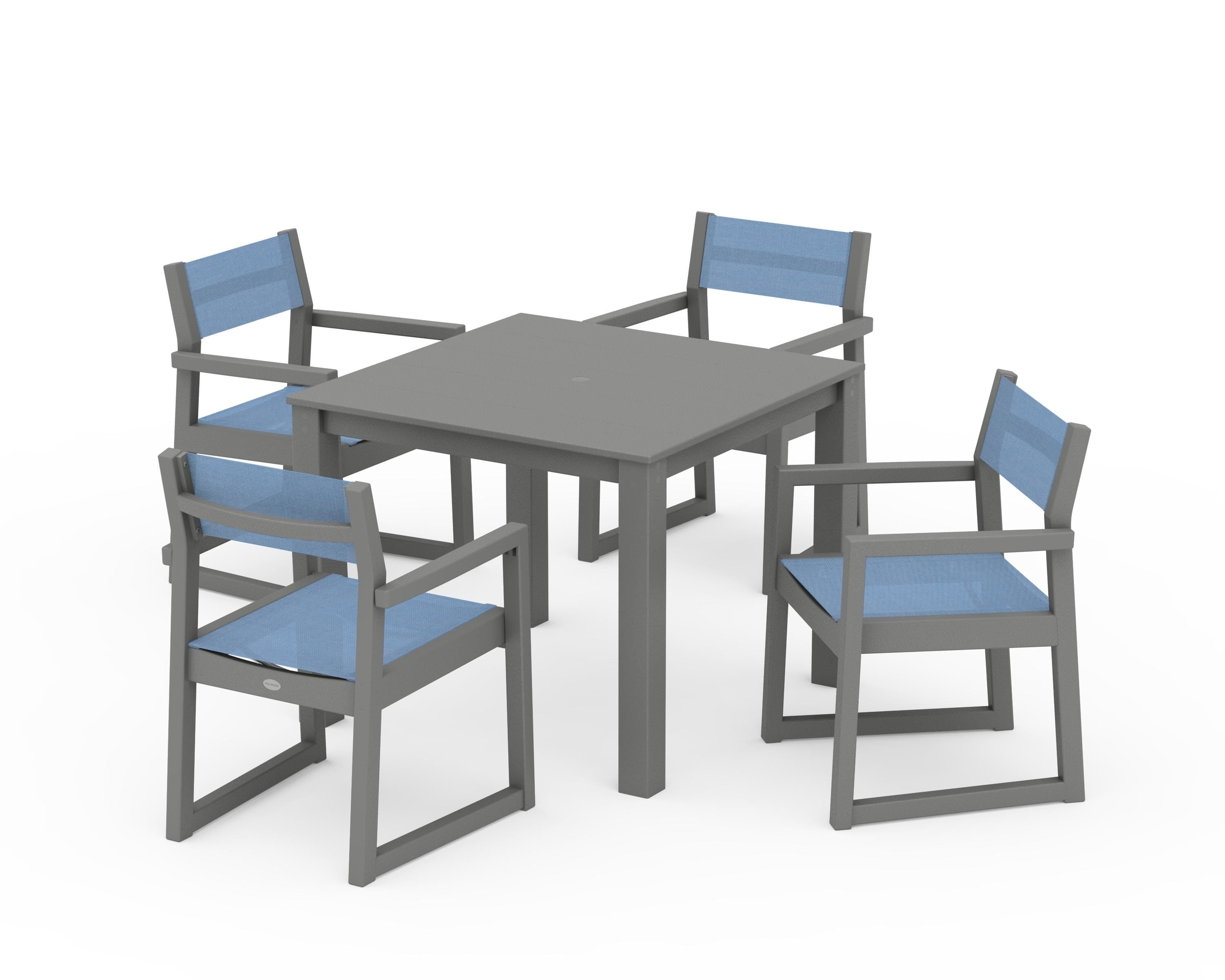POLYWOOD EDGE Sling Arm Chair 5-Piece Parsons Dining Set in Slate Grey / Poolside Sling