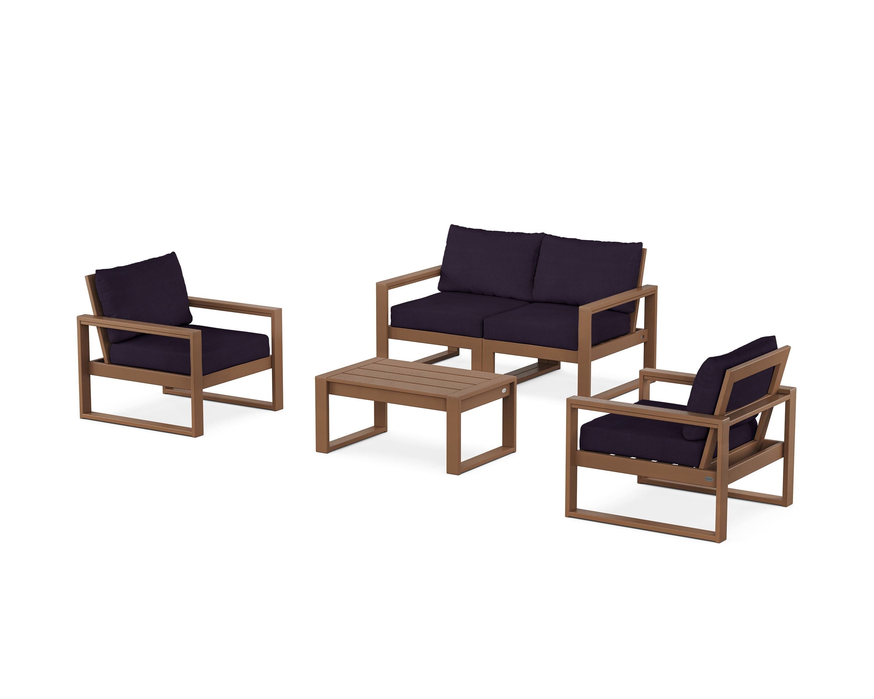 POLYWOOD EDGE Sectional 4-Piece Deep Seating Set with Loveseat in Teak / Navy Linen