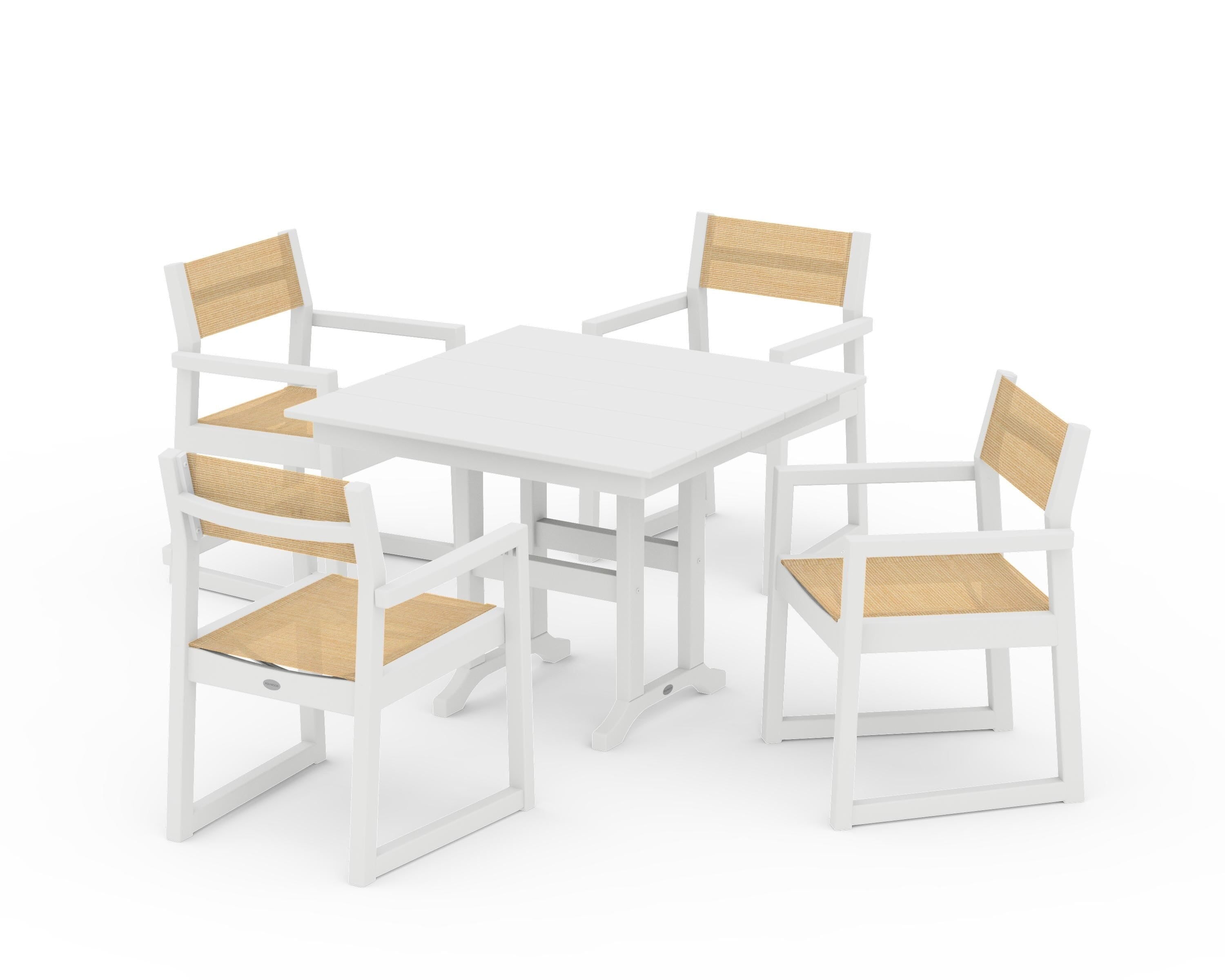 POLYWOOD EDGE Sling Arm Chair 5-Piece Farmhouse Dining Set in White / Dupioni Apricot Sling