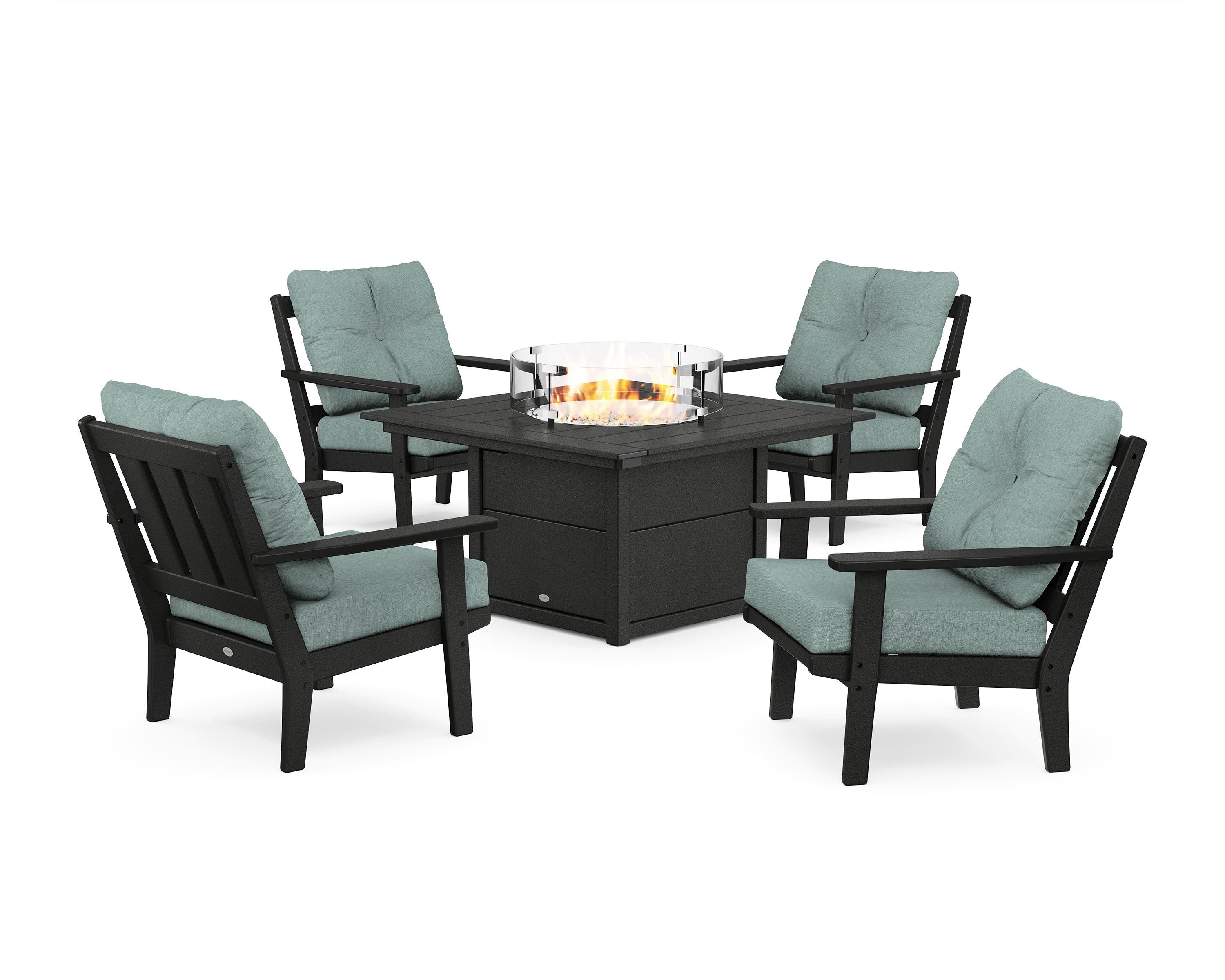 POLYWOOD Oxford 5-Piece Deep Seating Set with Fire Pit Table in Black / Glacier Spa