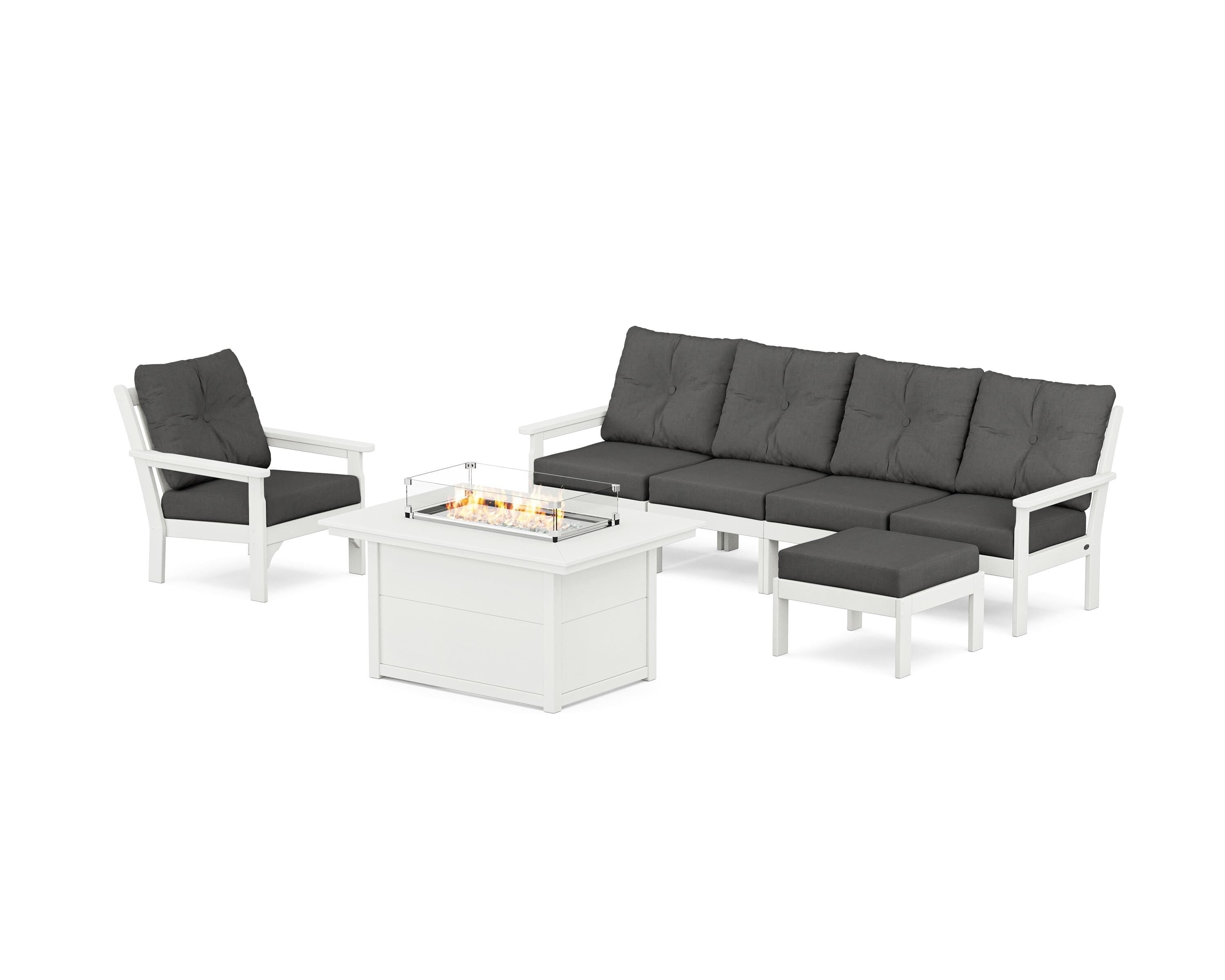POLYWOOD Vineyard Sectional Lounge and Fire Pit Set in Vintage White / Spectrum Carbon
