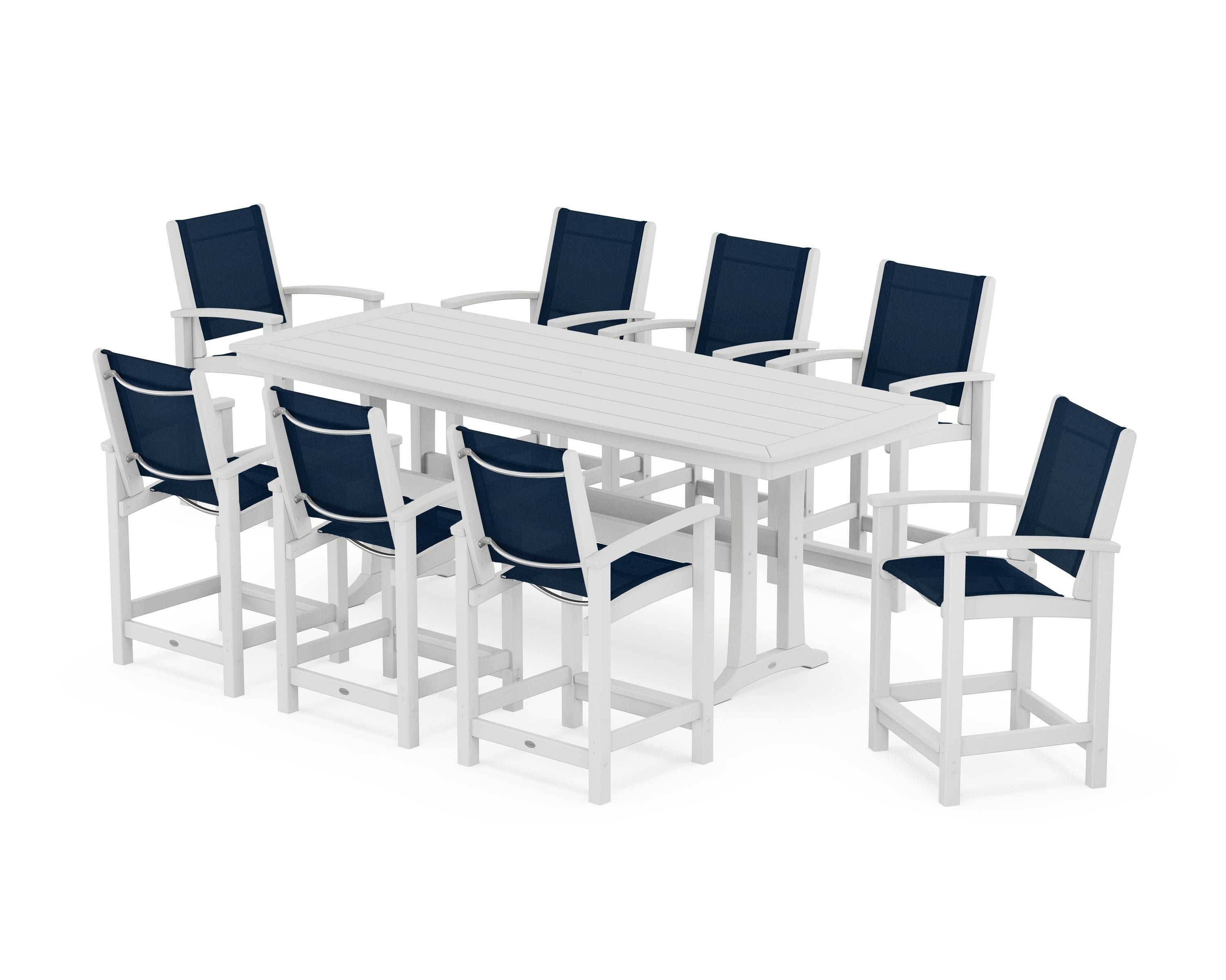 POLYWOOD Coastal 9-Piece Counter Set with Trestle Legs in White / Navy Blue Sling