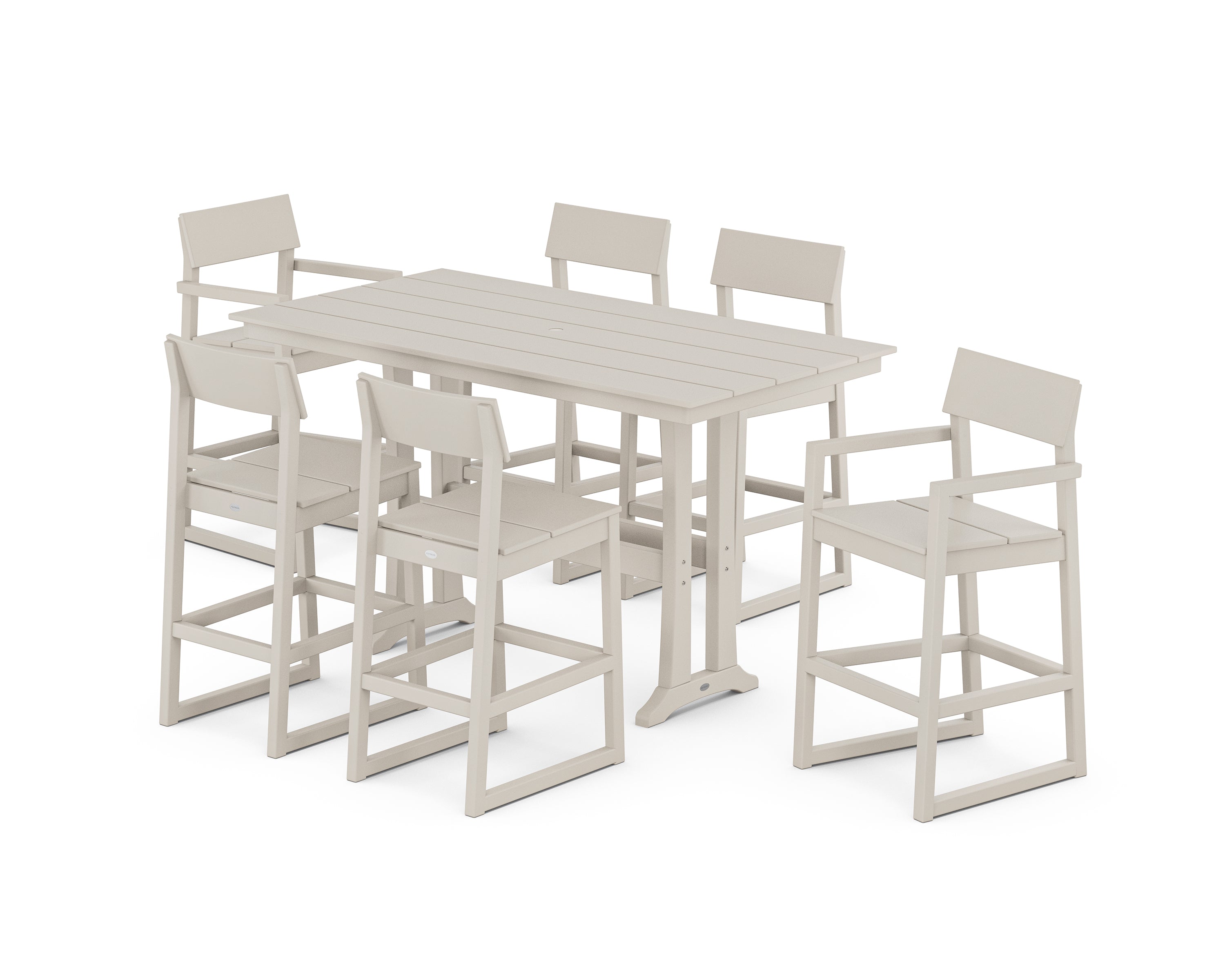 POLYWOOD EDGE 7-Piece Farmhouse Bar Set with Trestle Legs in Sand