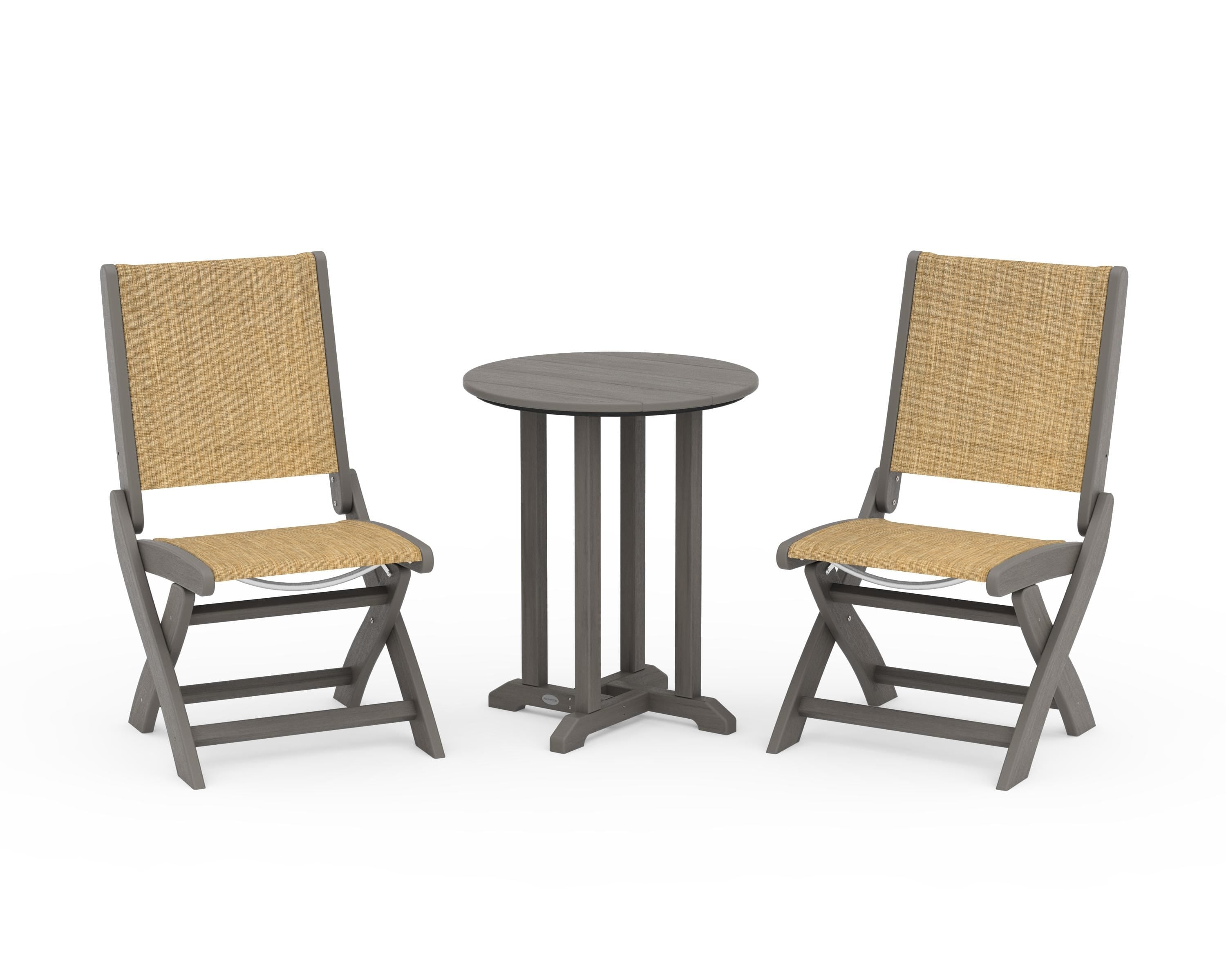 POLYWOOD Coastal Folding Side Chair 3-Piece Round Bistro Dining Set in Driftwood / Burlap Sling