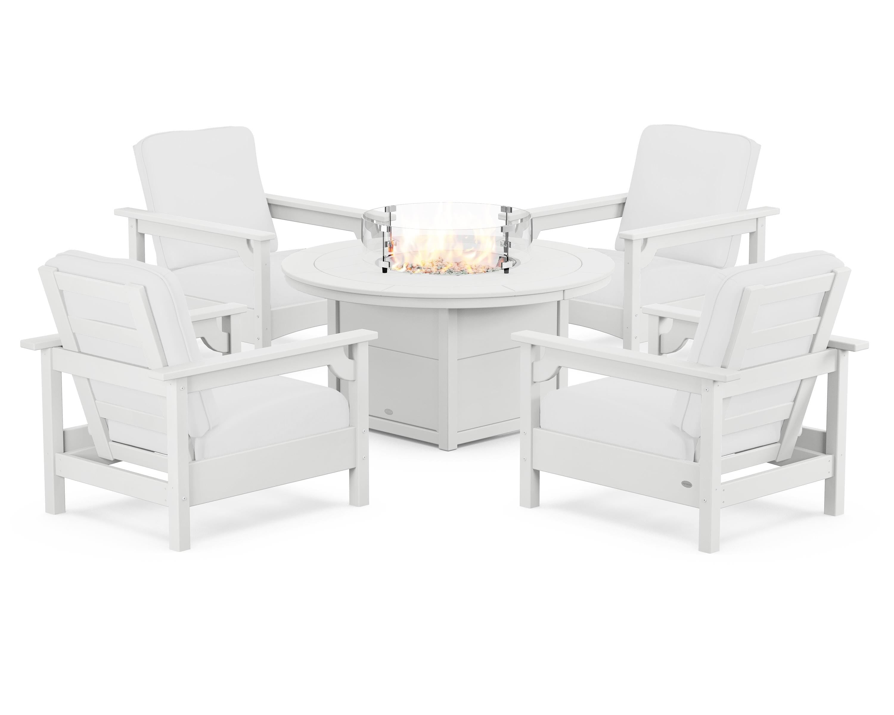 POLYWOOD Club 5-Piece Conversation Set with Fire Pit Table in White / Natural