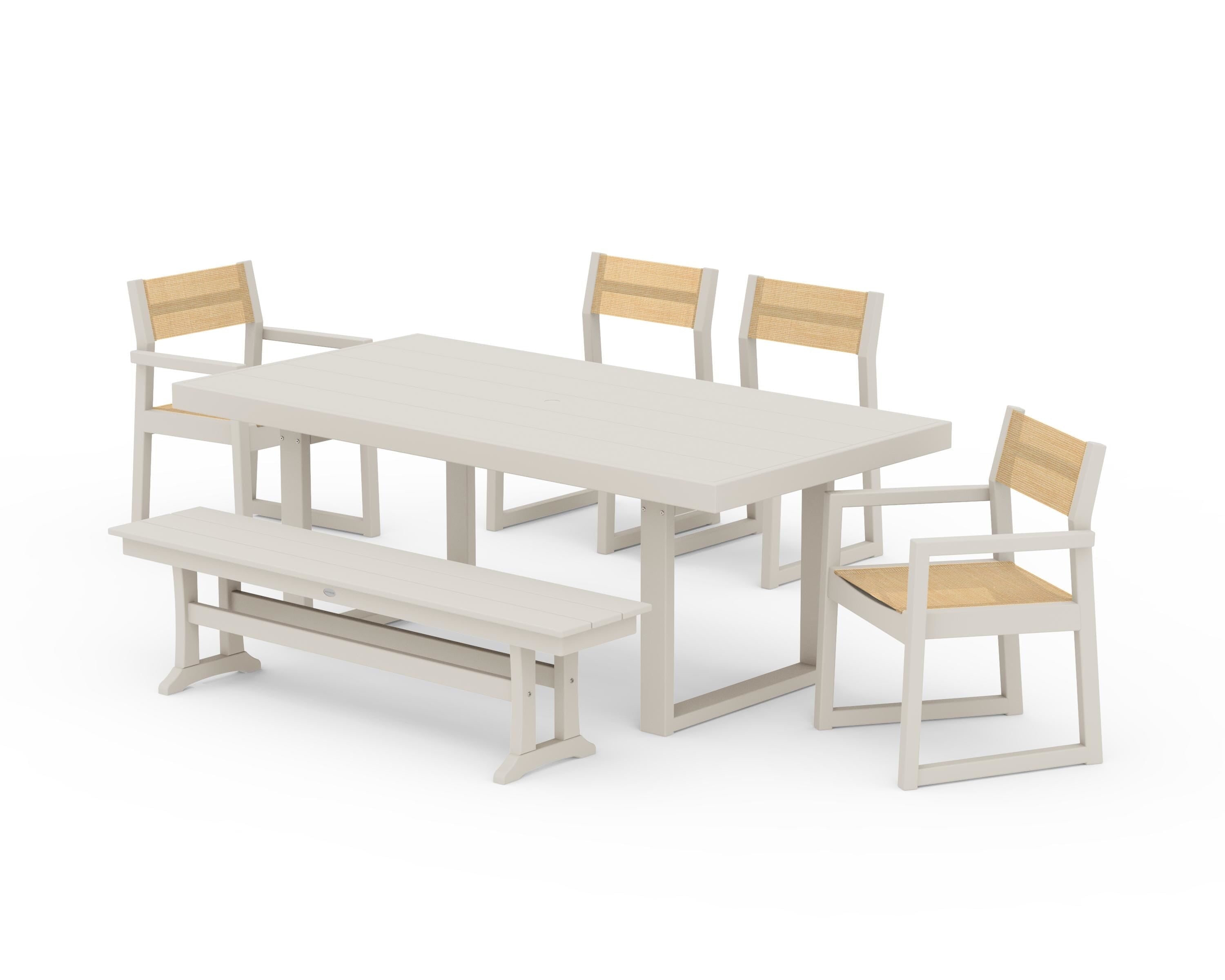 POLYWOOD EDGE Sling 6-Piece Dining Set with Bench in Sand / Dupioni Apricot Sling