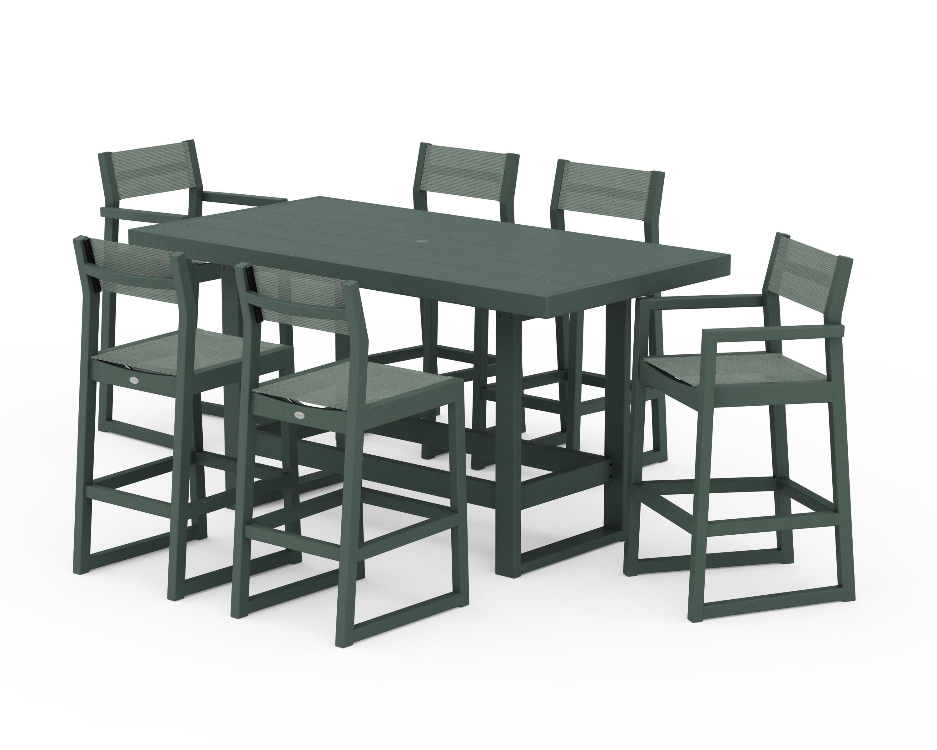 POLYWOOD EDGE Sling 7-Piece Bar Table Set in Green / Dupioni Sea Mist Sling