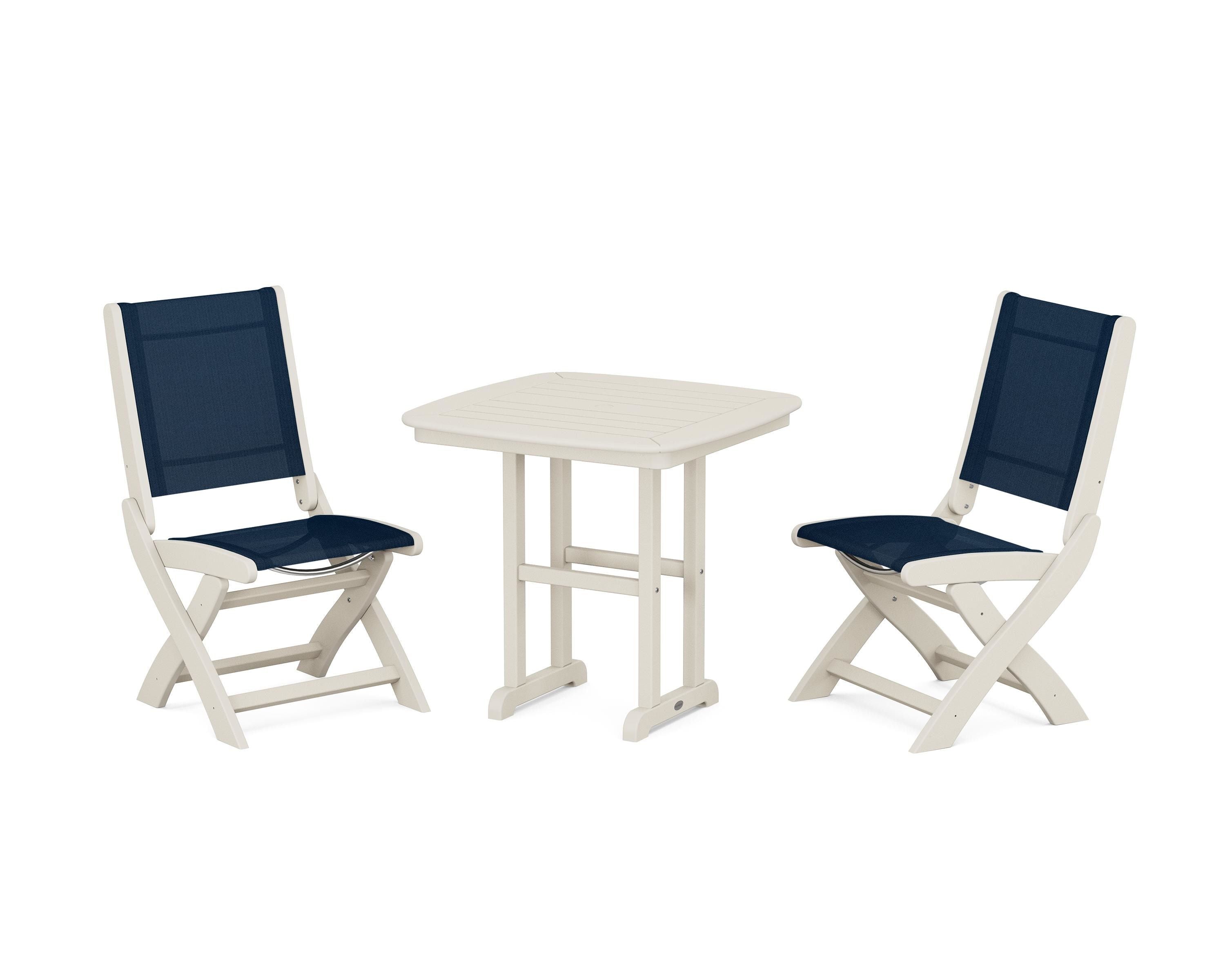 POLYWOOD Coastal Folding Side Chair 3-Piece Dining Set in Sand / Navy Blue Sling