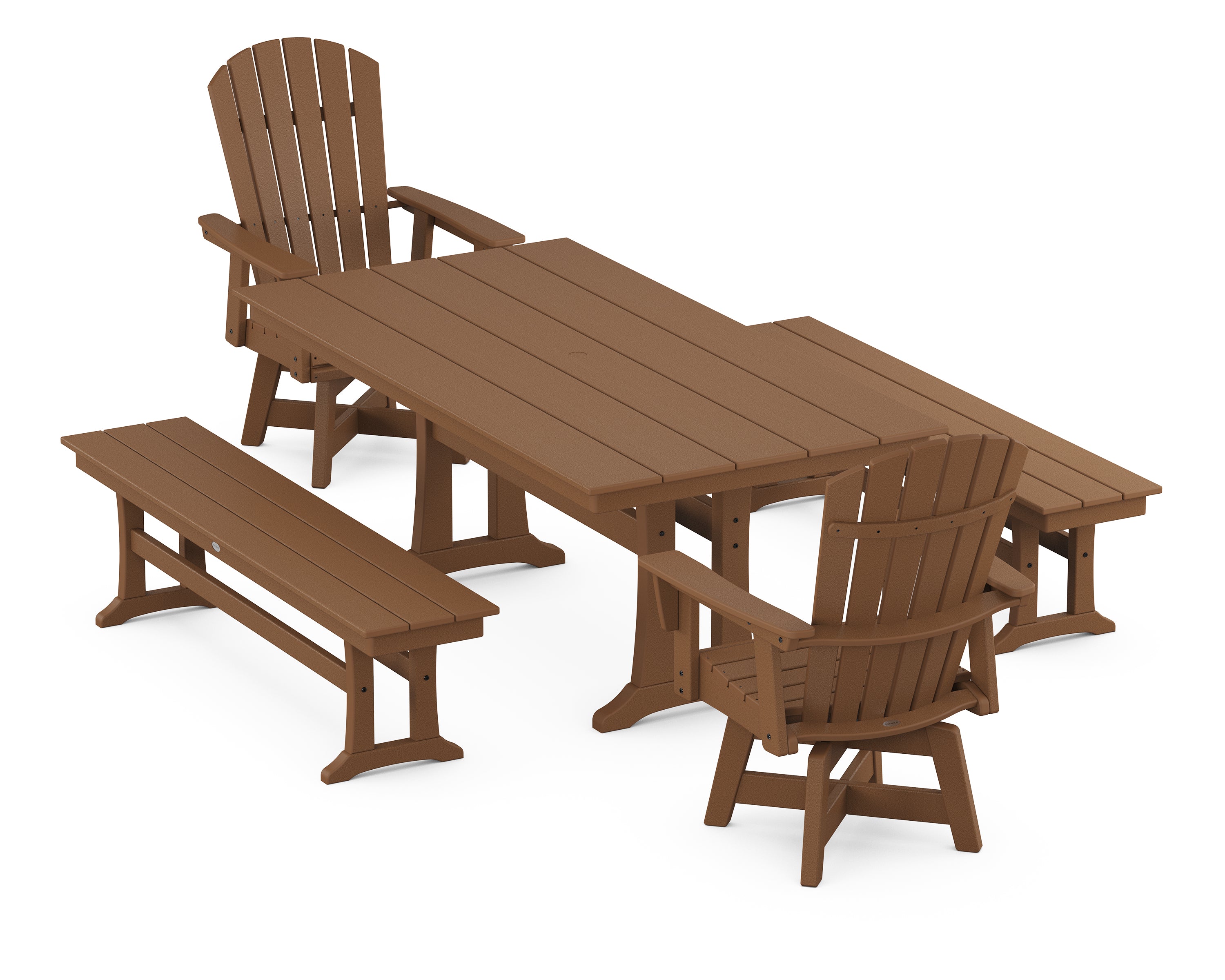 POLYWOOD® Nautical Curveback Adirondack Swivel Chair 5-Piece Farmhouse Dining Set With Trestle Legs and Benches in Teak