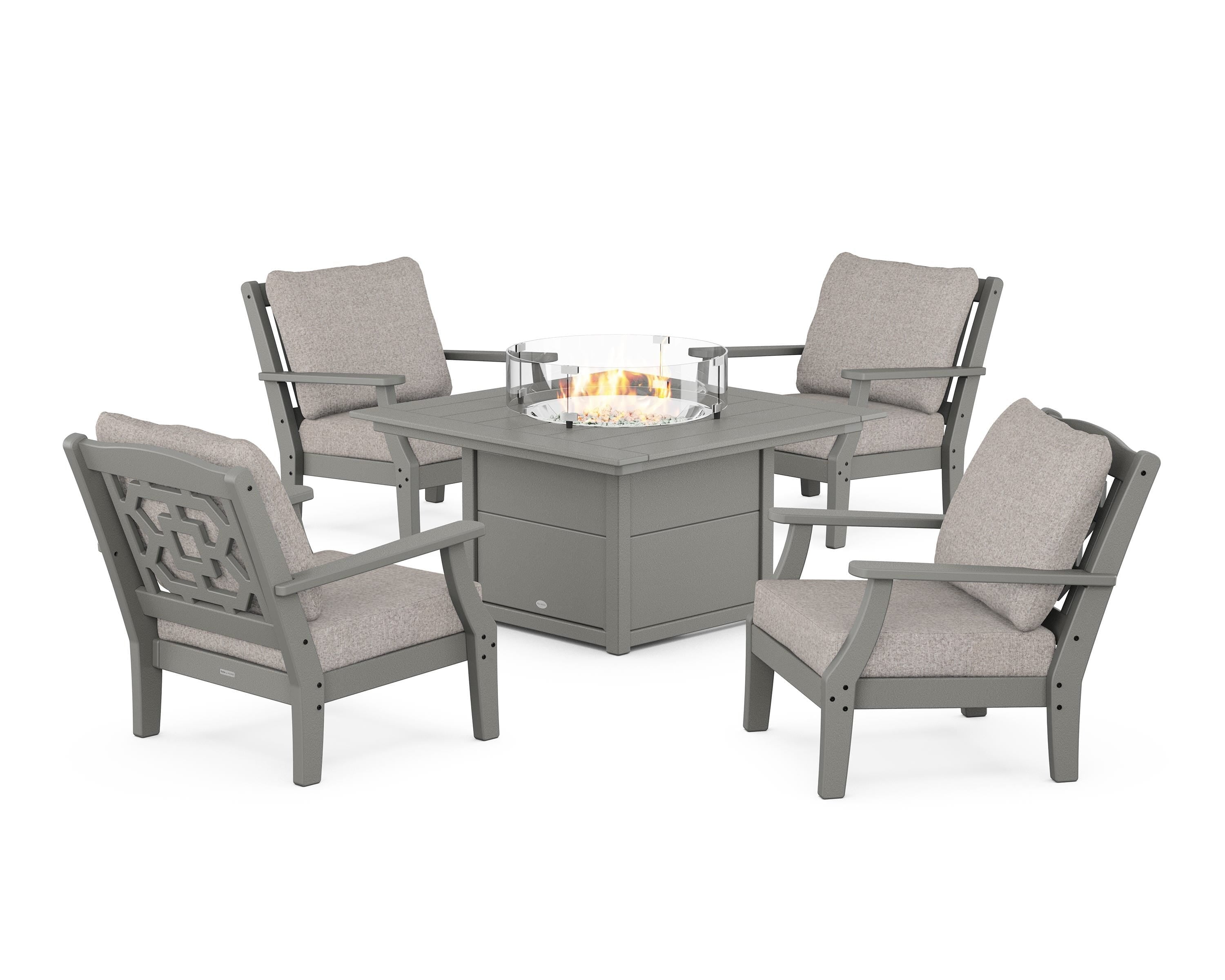 Martha Stewart by POLYWOOD Chinoiserie 5-Piece Deep Seating Set with Fire Pit Table in Slate Grey / Weathered Tweed