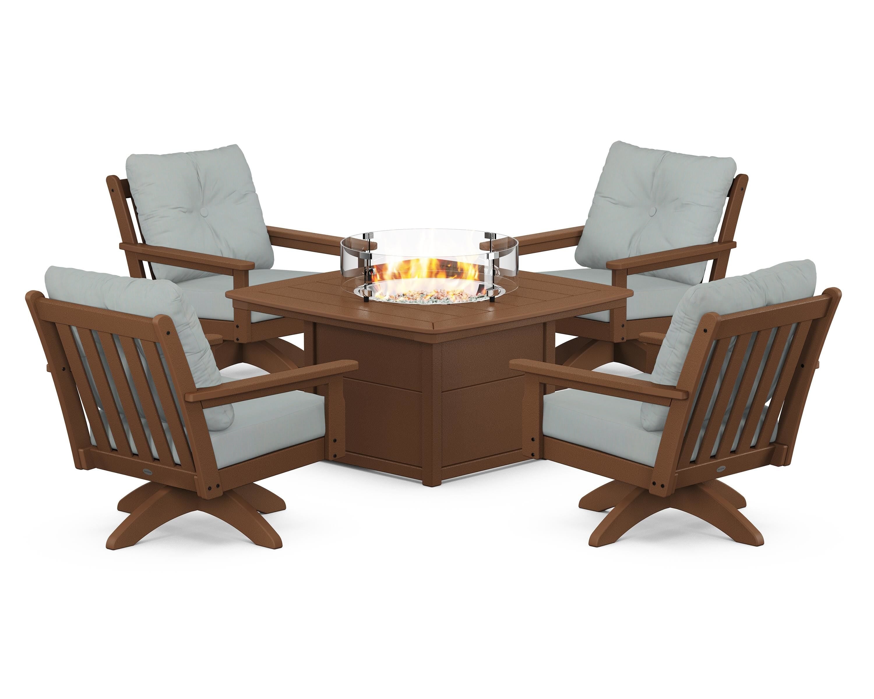 POLYWOOD Vineyard 5-Piece Deep Seating Swivel Conversation Set with Fire Pit Table in Teak / Spa