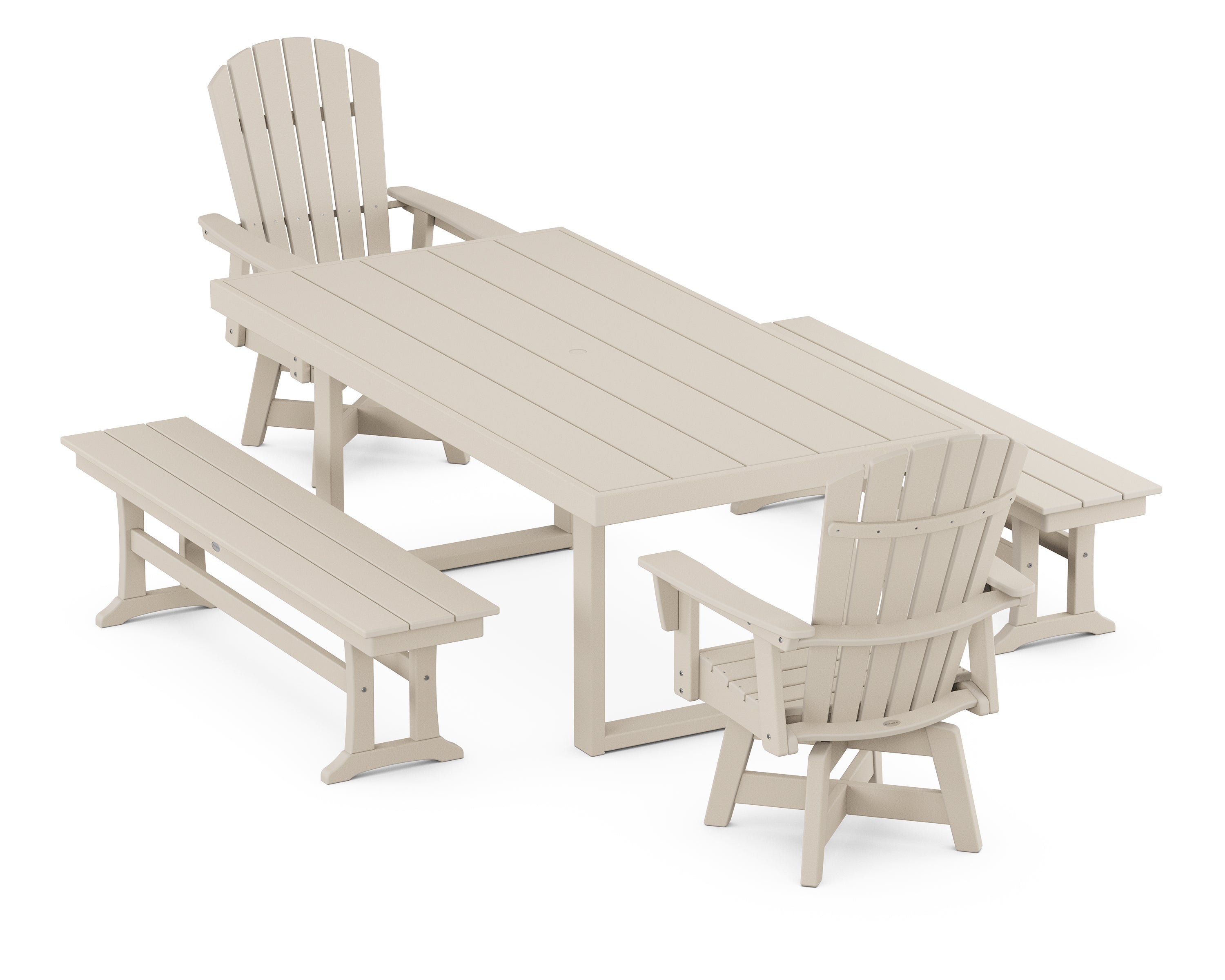 POLYWOOD® Nautical Curveback Adirondack Swivel Chair 5-Piece Dining Set with Benches in Sand