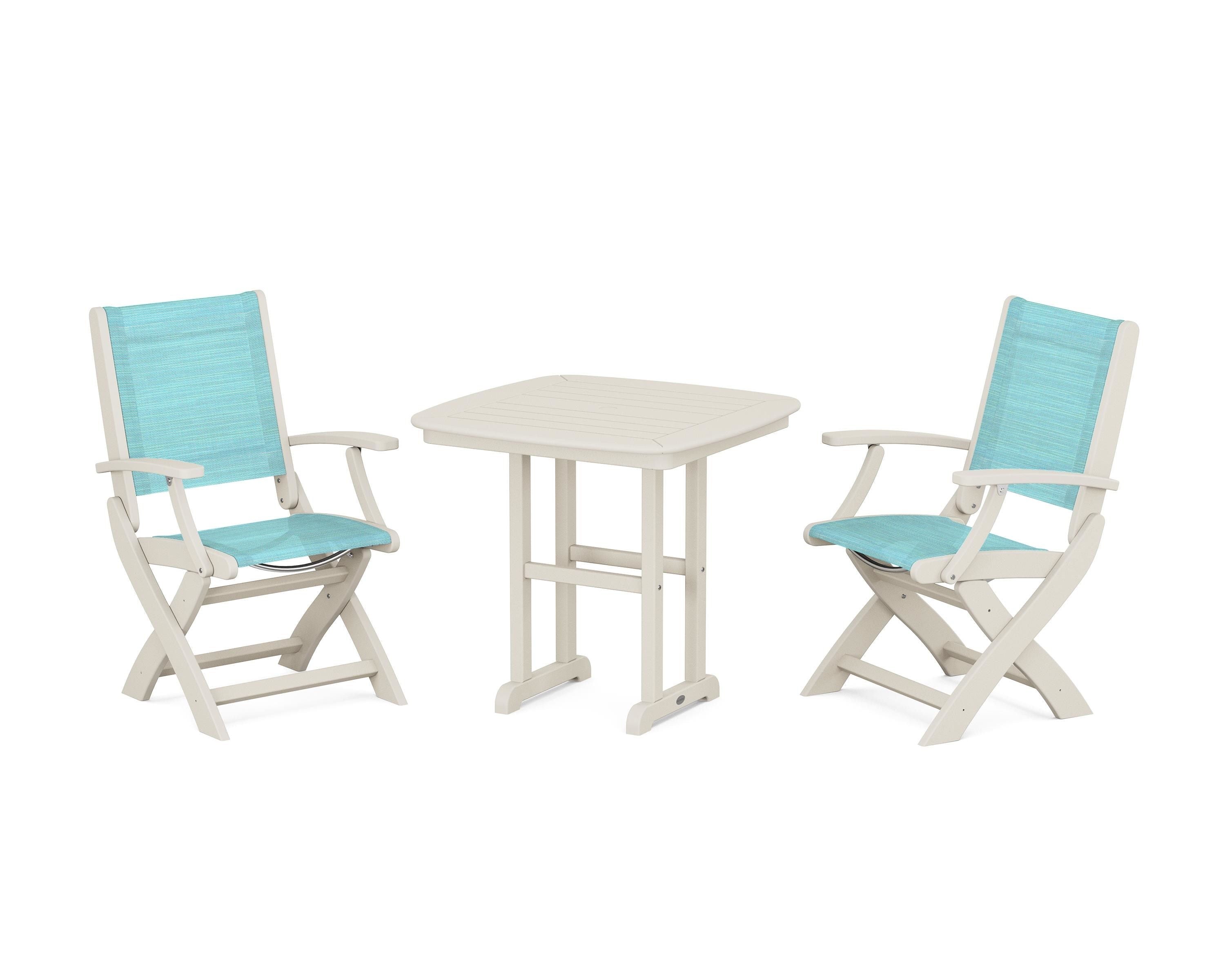 POLYWOOD Coastal Folding Chair 3-Piece Dining Set in Sand / Dupioni Aquamarine Sling