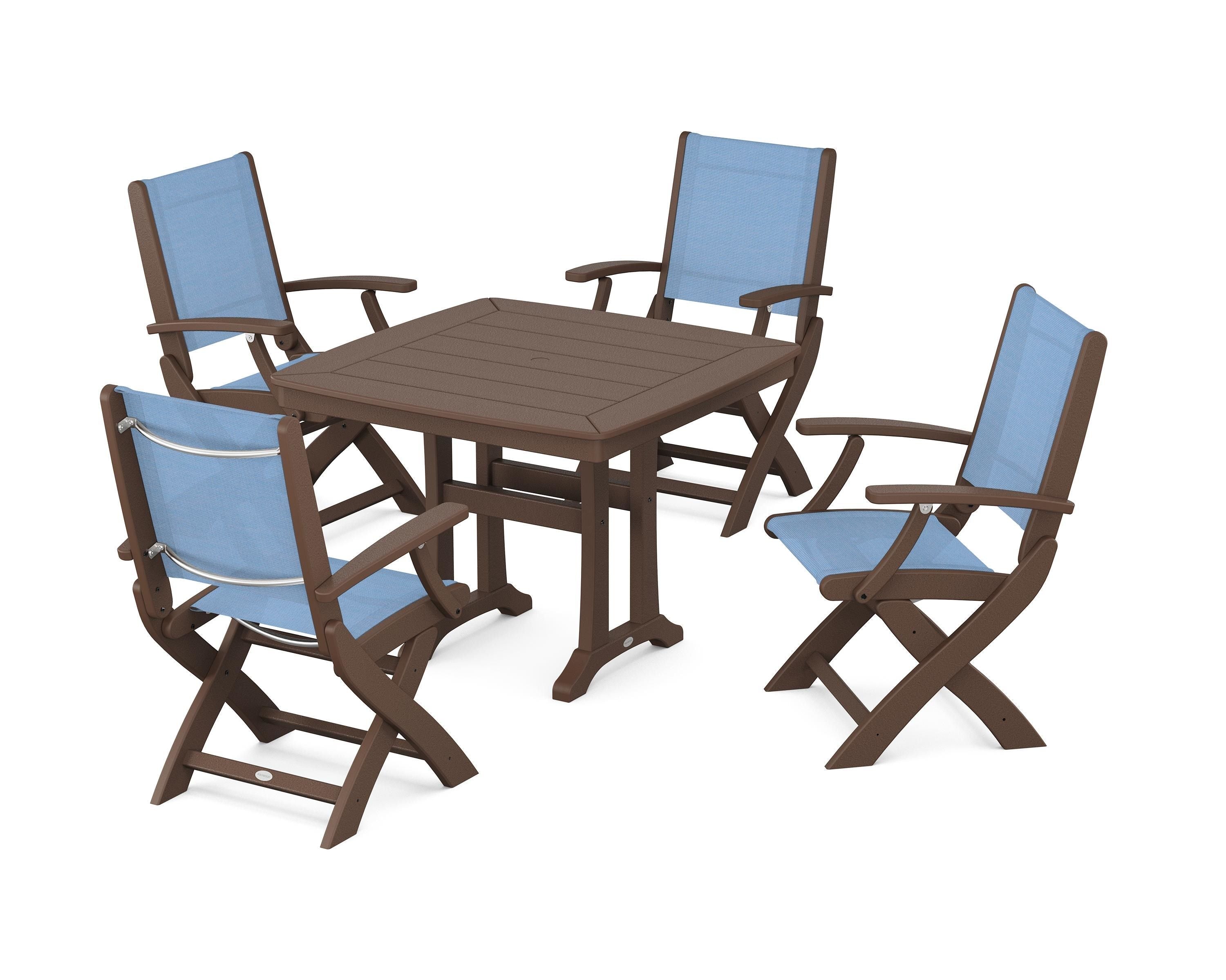 POLYWOOD Coastal Folding Chair 5-Piece Dining Set with Trestle Legs in Mahogany / Poolside Sling