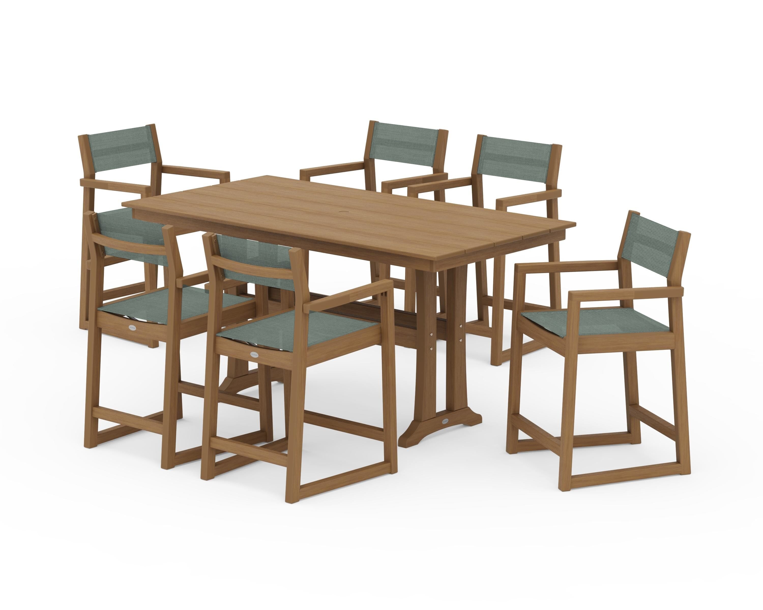POLYWOOD EDGE Sling Arm Chair 7-Piece Farmhouse Counter Set with Trestle Legs in Natural / Dupioni Sea Mist Sling
