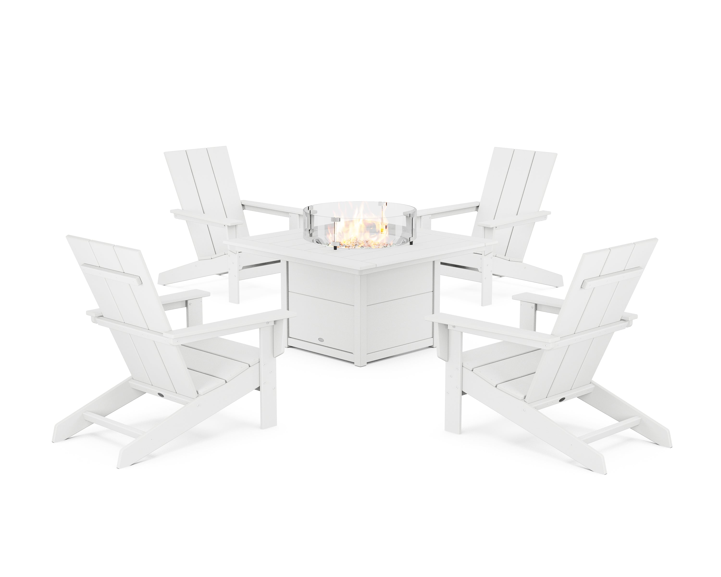 POLYWOOD® 5-Piece Modern Studio Adirondack Conversation Set with Fire Pit Table in White