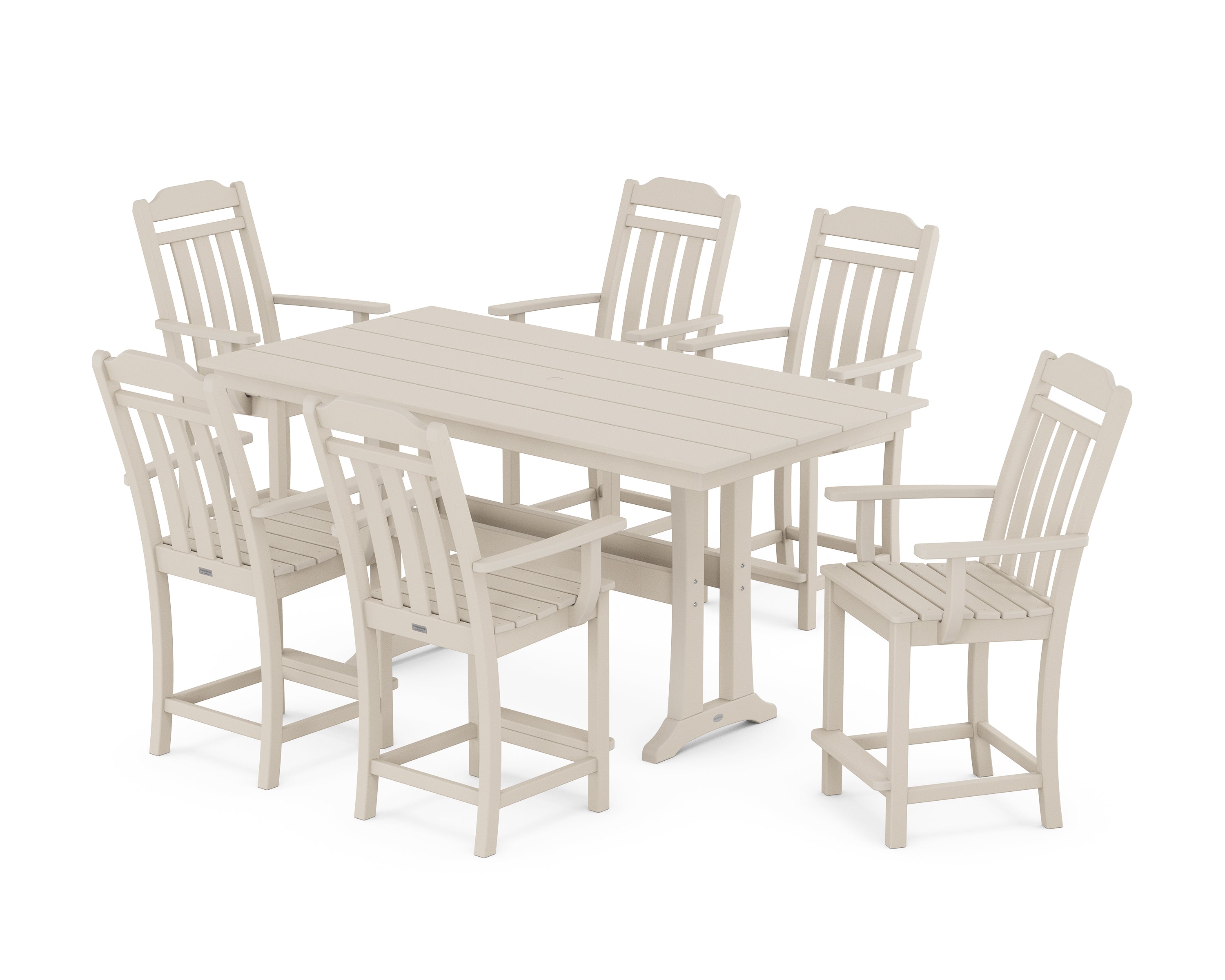POLYWOOD Country Living Arm Chair 7-Piece Farmhouse Counter Set with Trestle Legs in Sand