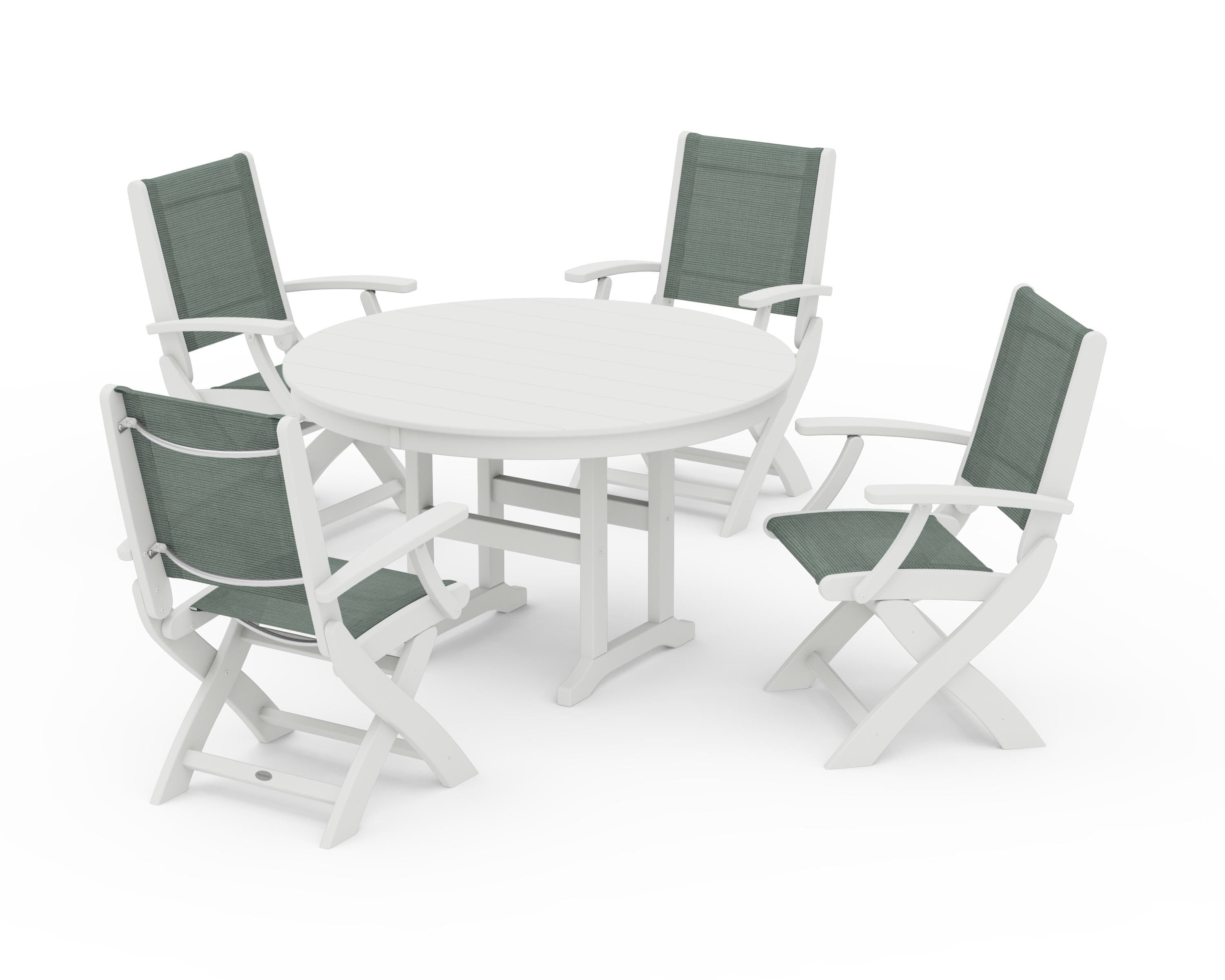 POLYWOOD Coastal Folding Chair 5-Piece Round Dining Set in Vintage White / Dupioni Sea Mist Sling