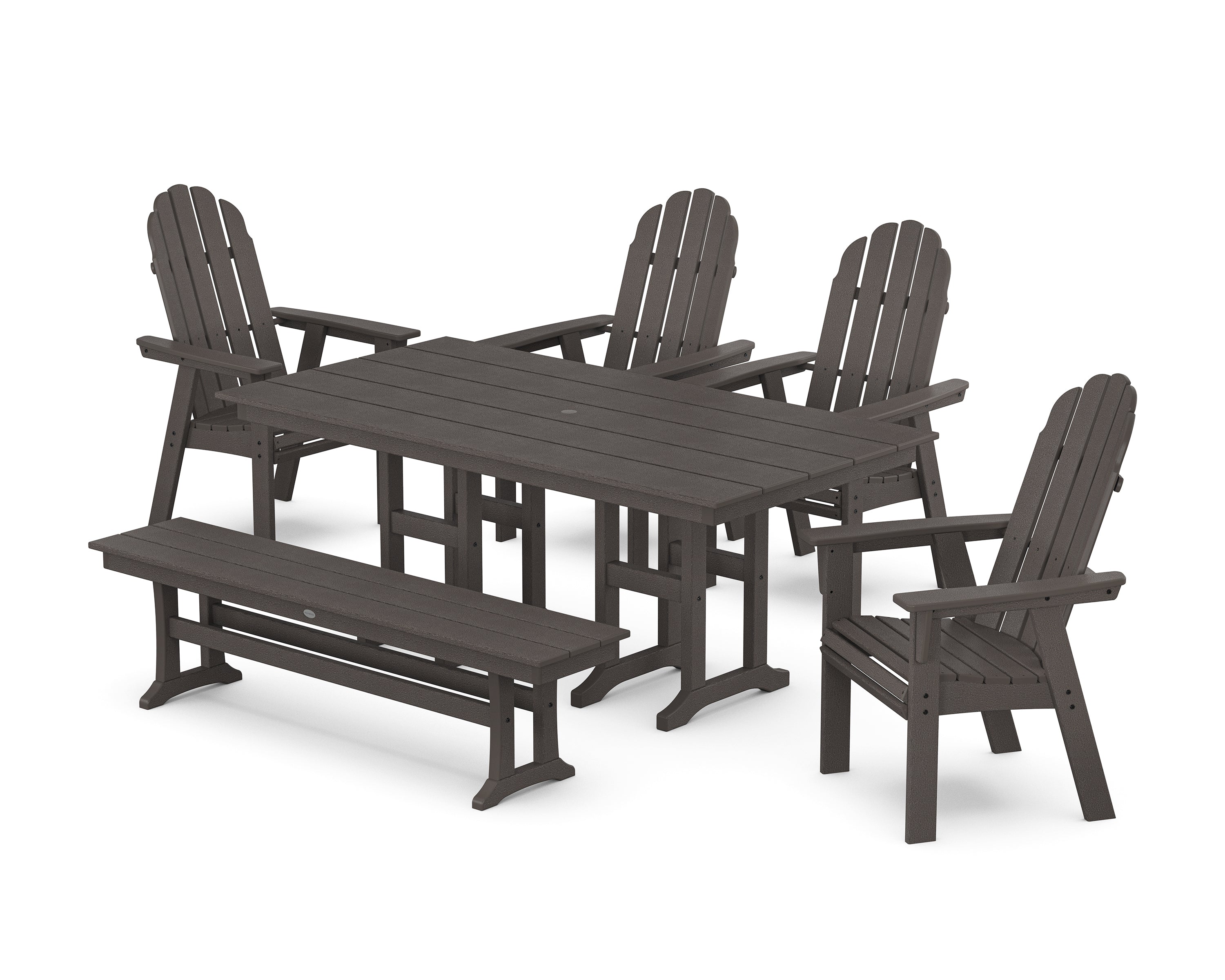 POLYWOOD Vineyard Curveback Adirondack Chair 6-Piece Farmhouse Dining Set with Bench in Vintage Coffee
