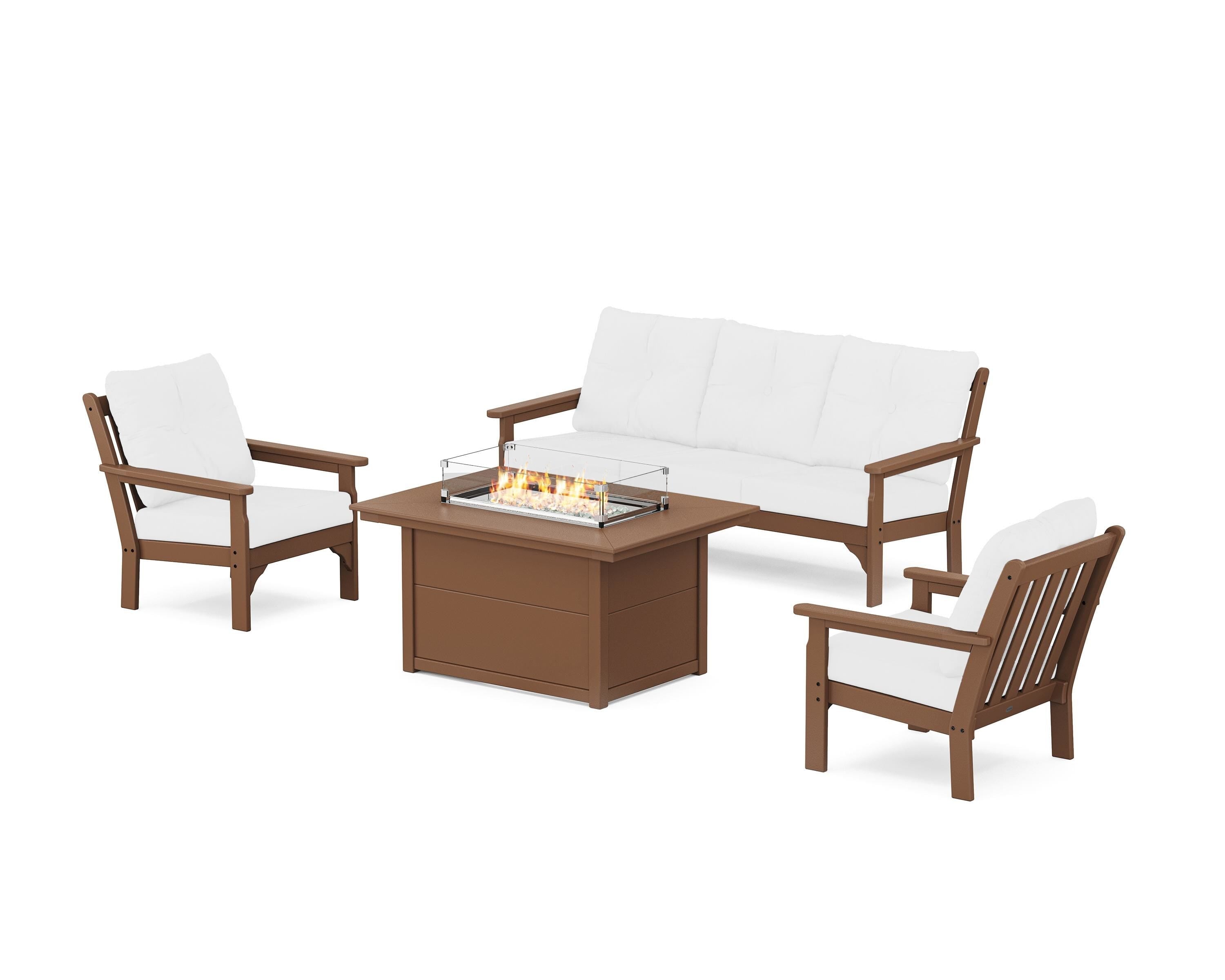 POLYWOOD Vineyard Deep Seating Fire Pit Table Set in Teak / Natural