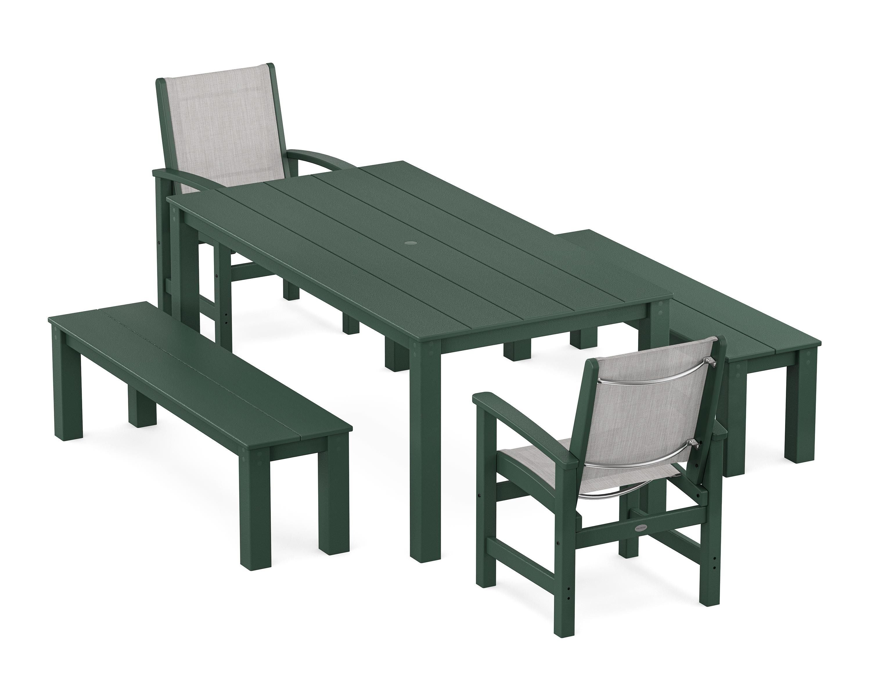 POLYWOOD Coastal 5-Piece Parsons Dining Set with Benches in Green / Parchment Sling