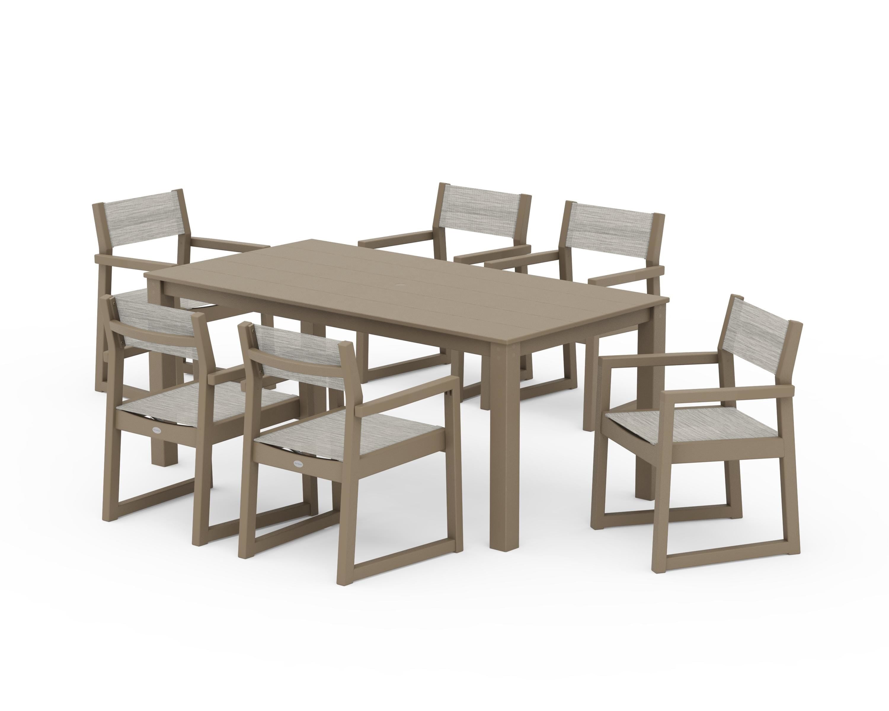 POLYWOOD EDGE Sling Arm Chair 7-Piece Parsons Dining Set in Vintage Sahara / Birch Sling