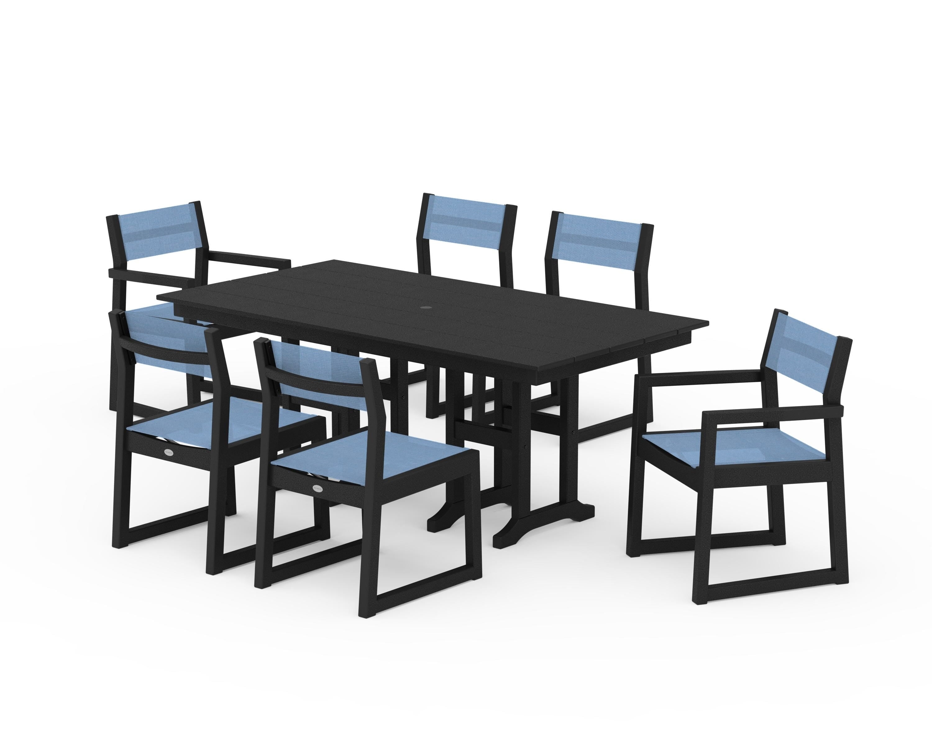 POLYWOOD EDGE Sling 7-Piece Farmhouse Dining Set in Black / Poolside Sling