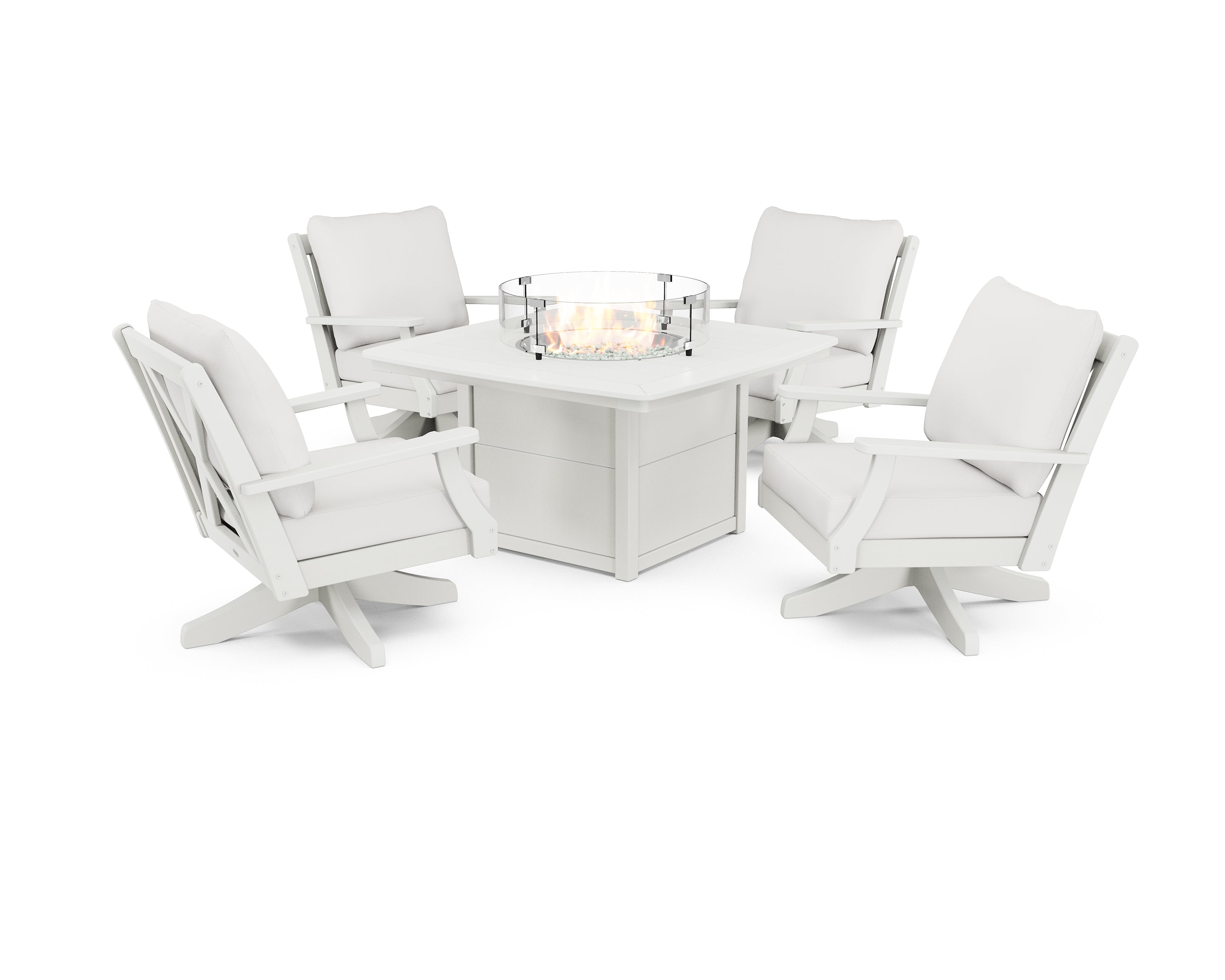 POLYWOOD Braxton 5-Piece Deep Seating Swivel Conversation Set with Fire Pit Table in Vintage White / Natural Linen