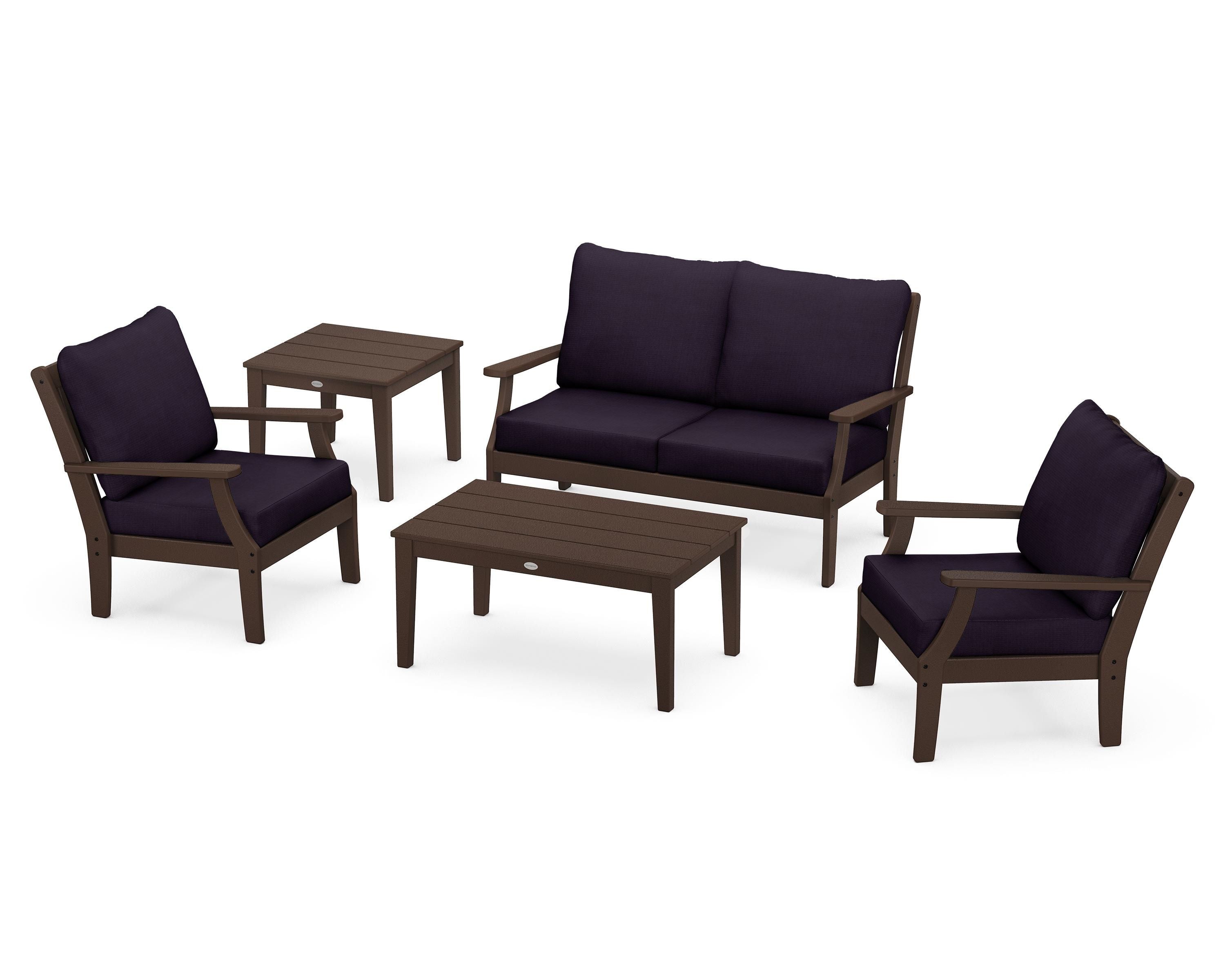 POLYWOOD Braxton 5-Piece Deep Seating Set in Mahogany / Navy Linen