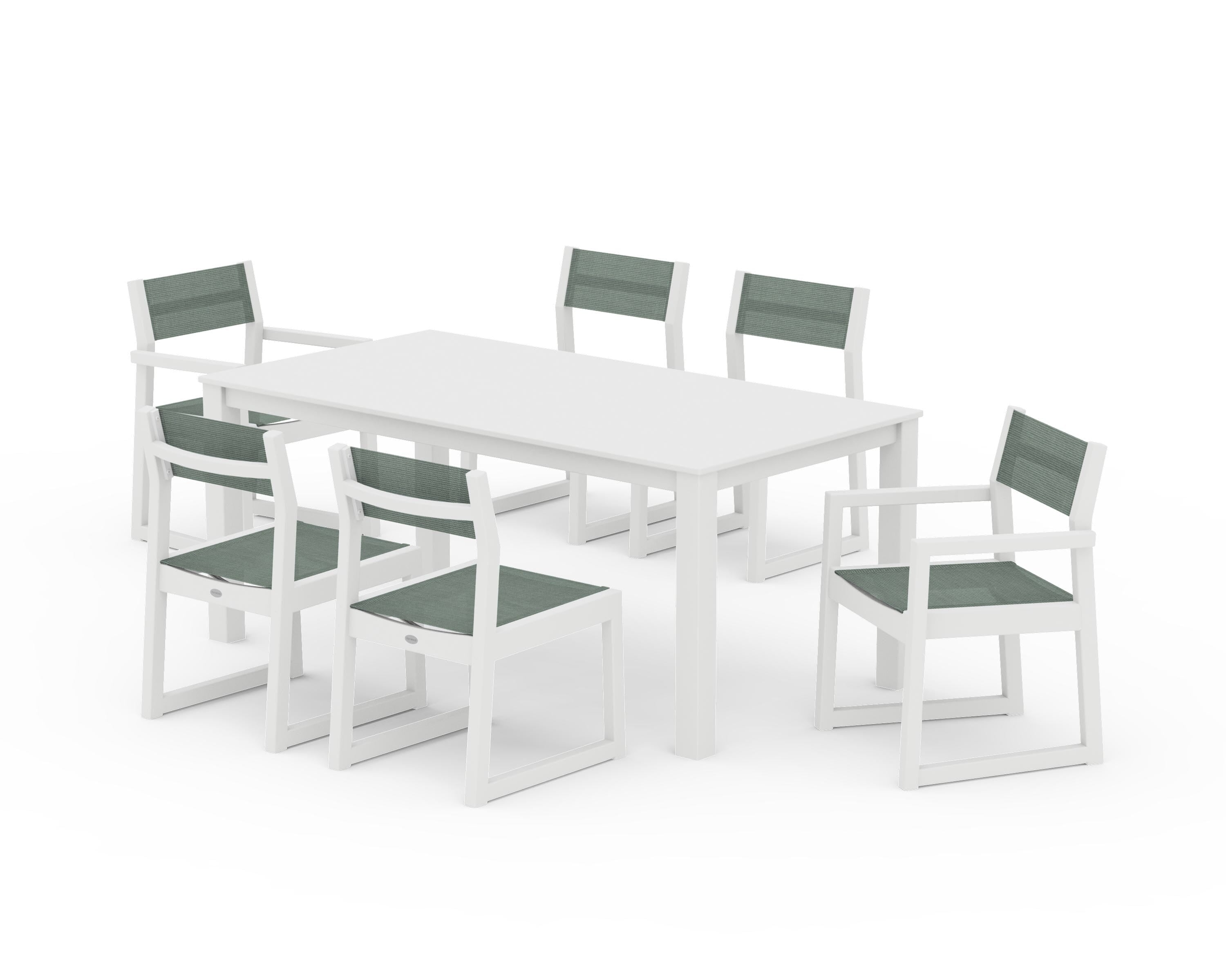 POLYWOOD EDGE Sling 7-Piece Parsons Dining Set in White / Dupioni Sea Mist Sling