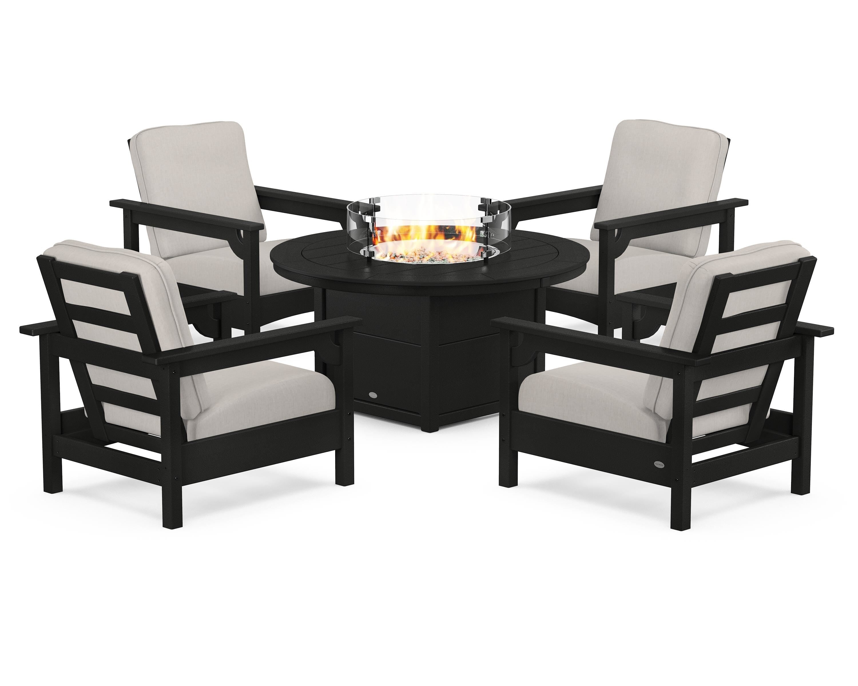 POLYWOOD Club 5-Piece Conversation Set with Fire Pit Table in Black / Cast Ash