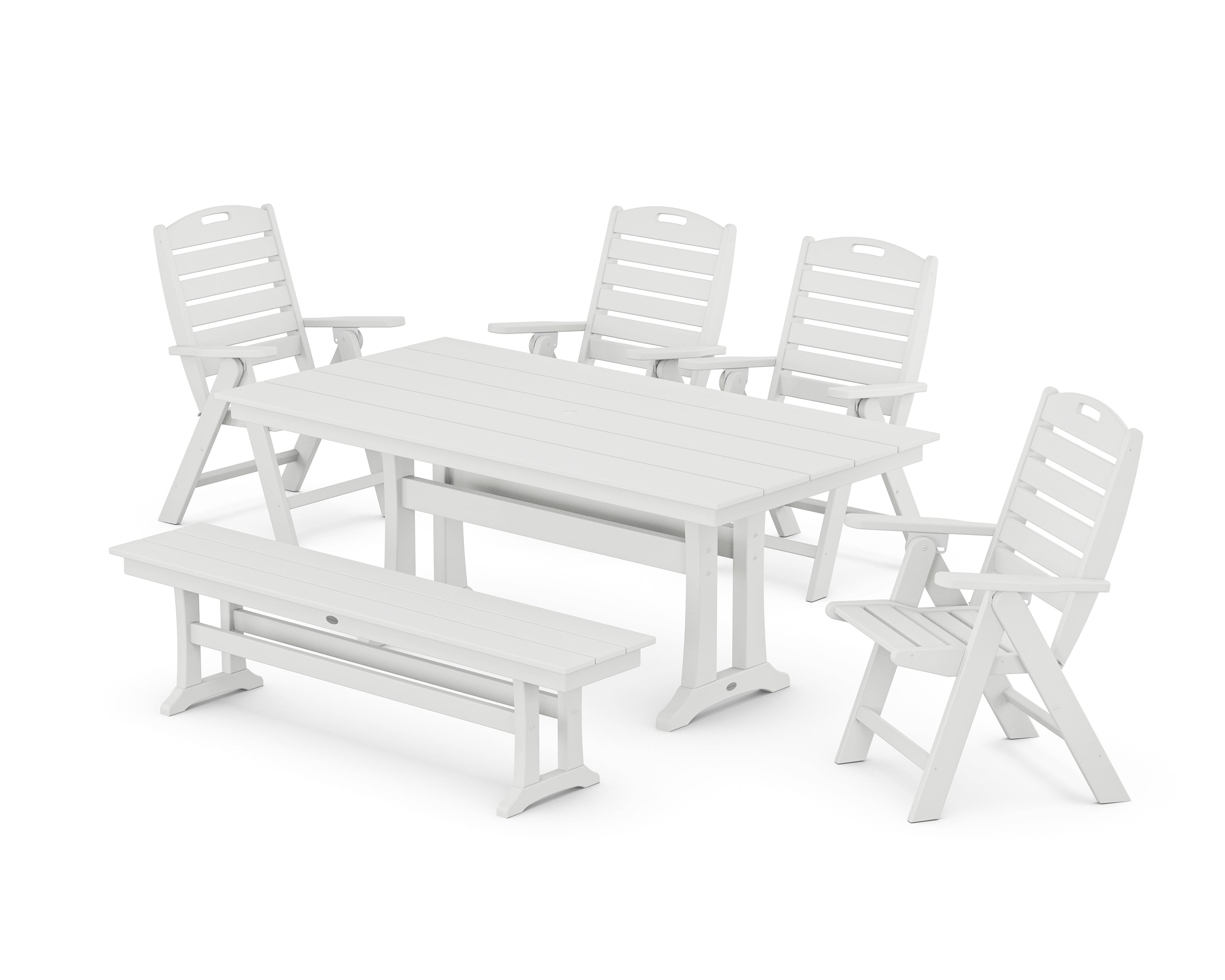 POLYWOOD Nautical Highback 6-Piece Farmhouse Dining Set with Trestle Legs and Bench in White