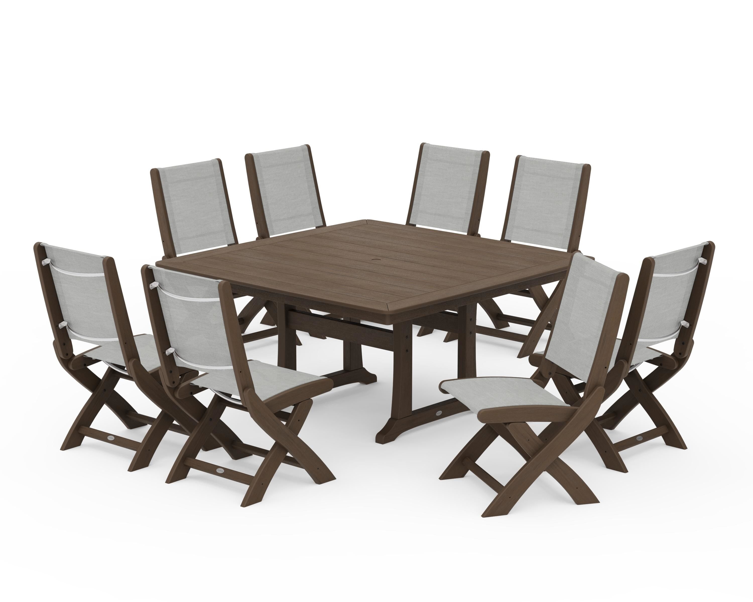 POLYWOOD Coastal Folding Side Chair 9-Piece Dining Set with Trestle Legs in Kona / Metallic Sling