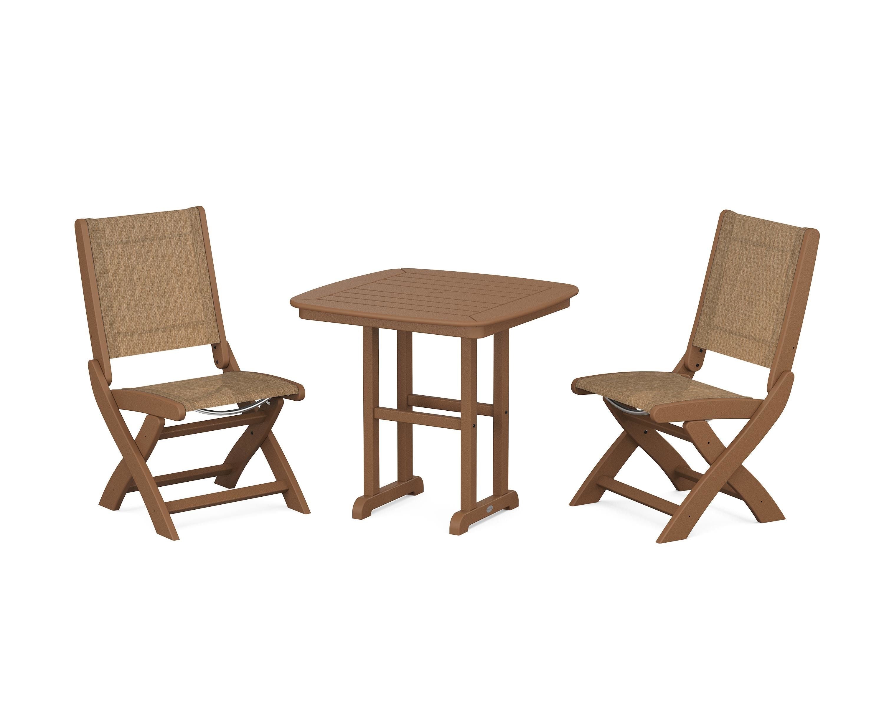 POLYWOOD Coastal Folding Side Chair 3-Piece Dining Set in Teak / Burlap Sling
