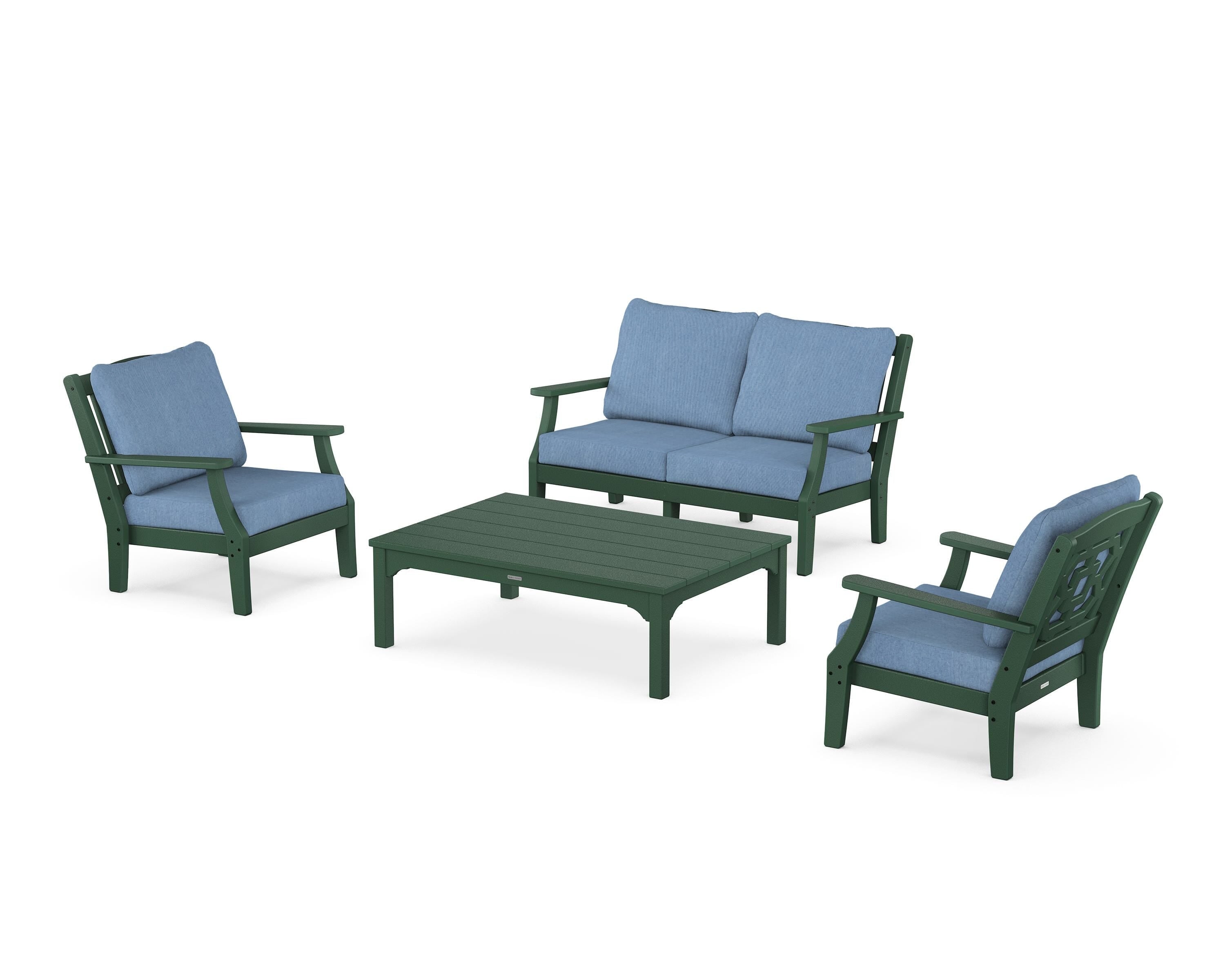 Martha Stewart by POLYWOOD Chinoiserie 4-Piece Deep Seating Set with Loveseat in Green / Sky Blue