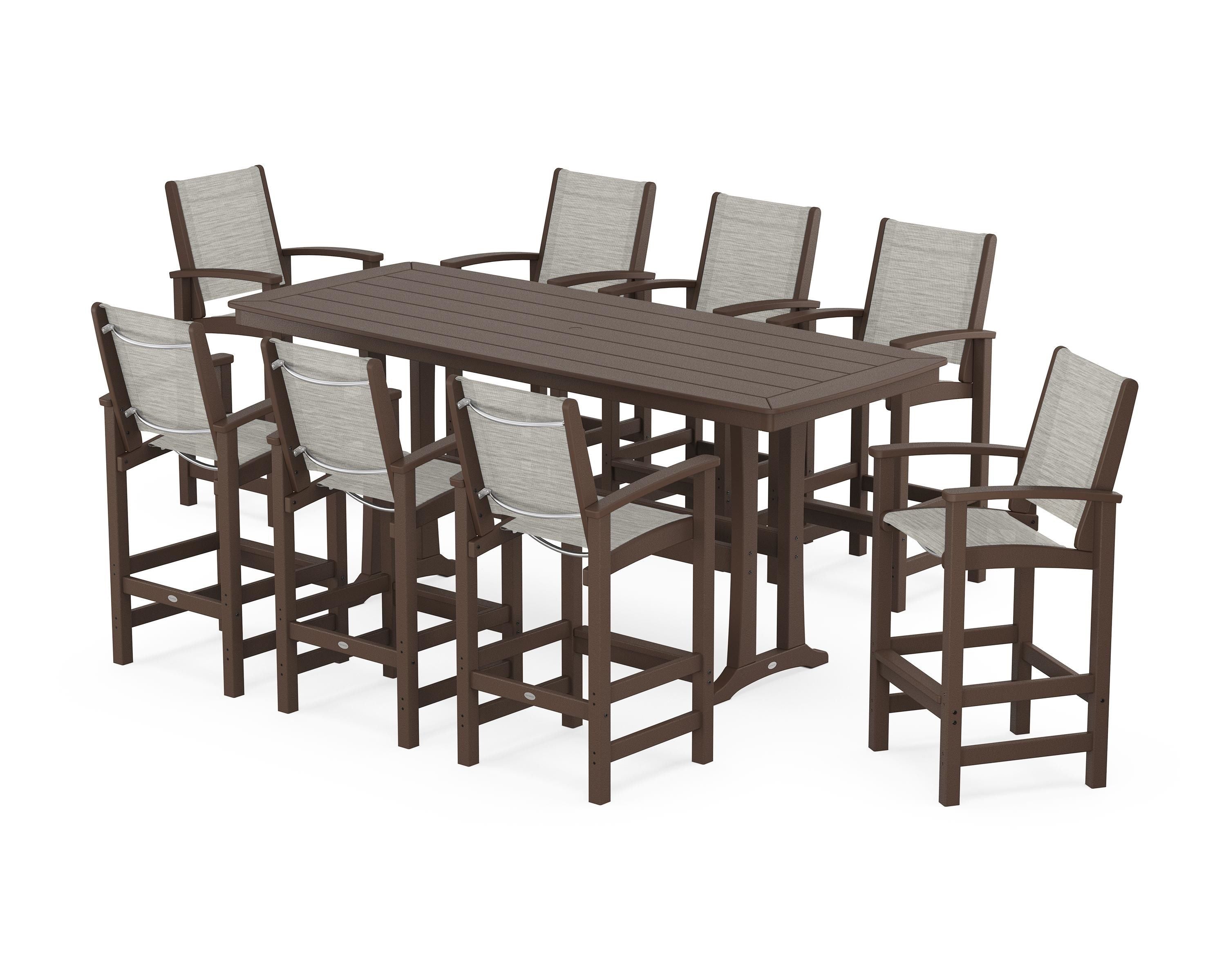POLYWOOD Coastal 9-Piece Bar Set with Trestle Legs in Mahogany / Birch Sling