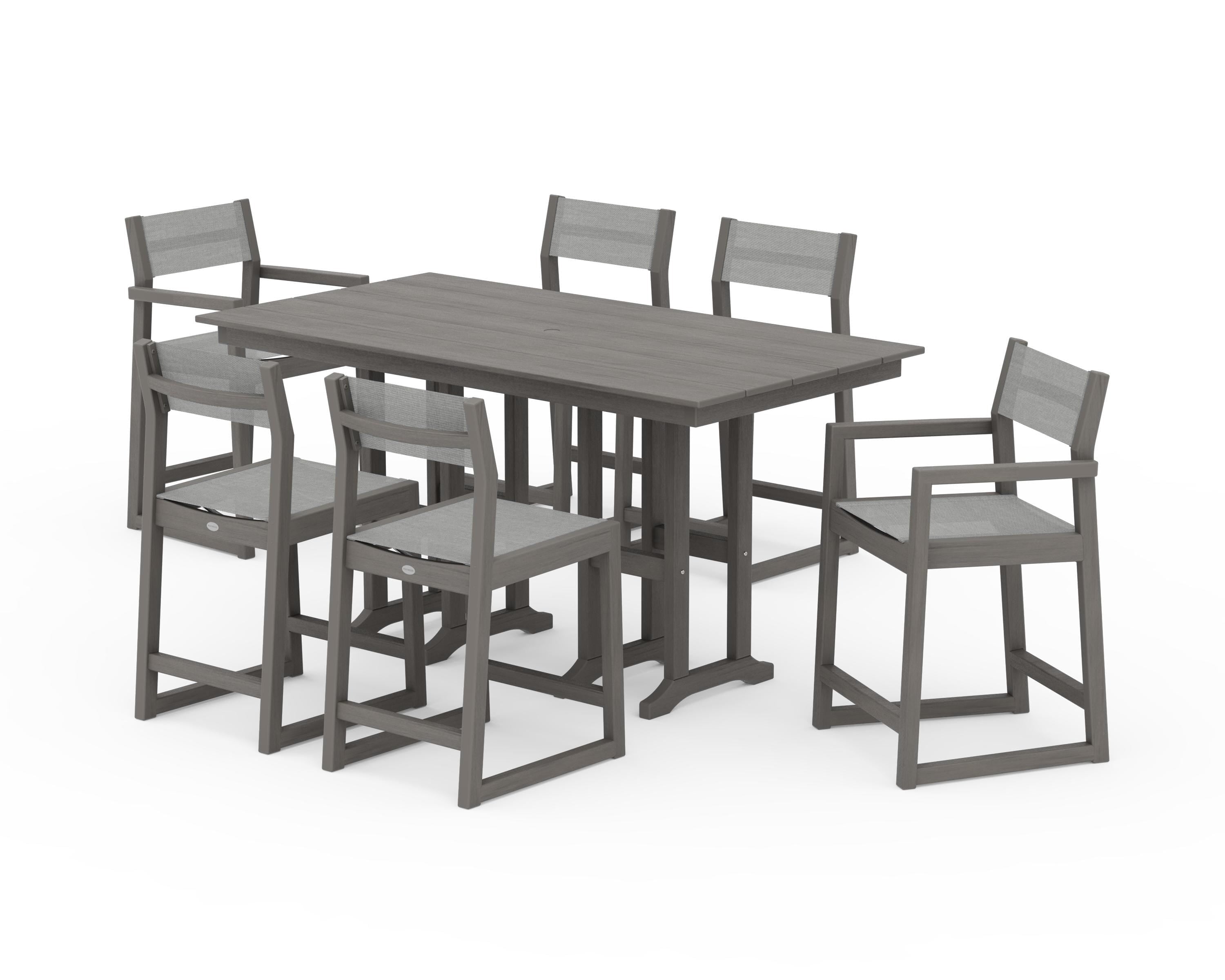 POLYWOOD EDGE Sling 7-Piece Farmhouse Counter Set with Trestle Legs in Driftwood / Metallic Sling