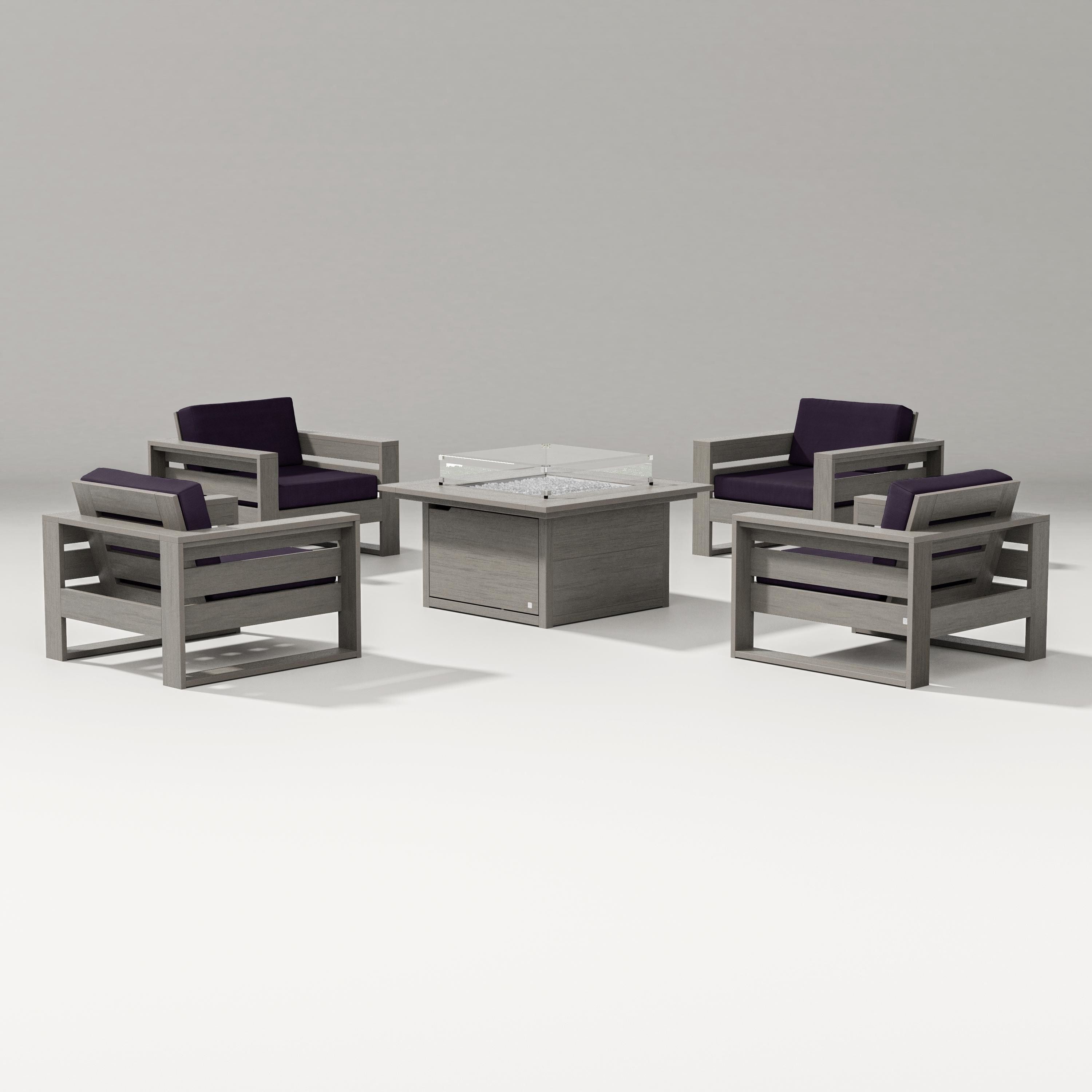 PW Designer Series Latitude 5-Piece Lounge Fire Table Set in Driftwood / Navy Linen