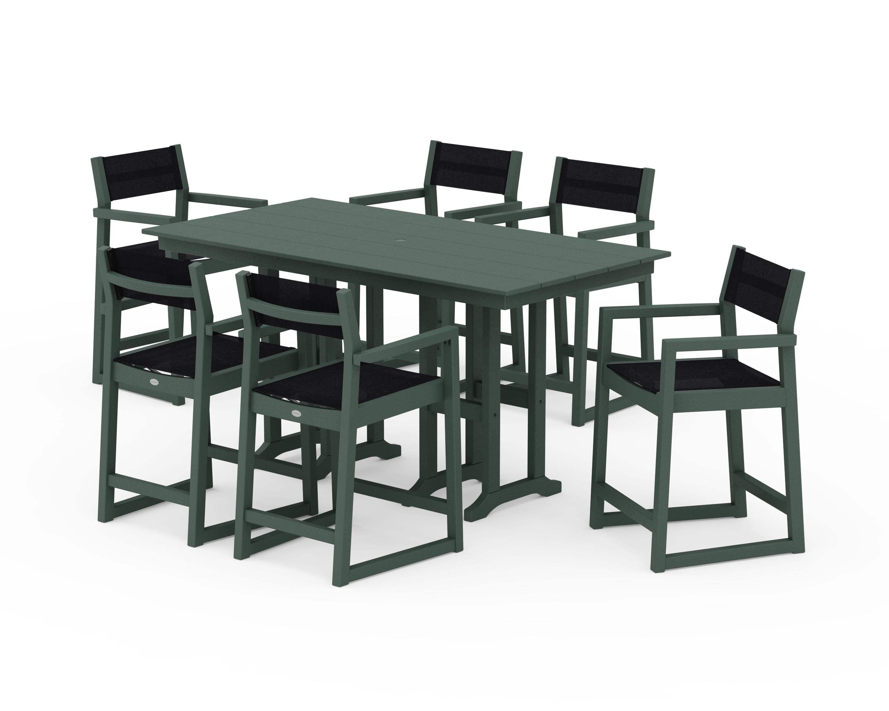 POLYWOOD EDGE Sling Arm Chair 7-Piece Farmhouse Counter Set in Green / Black Sling