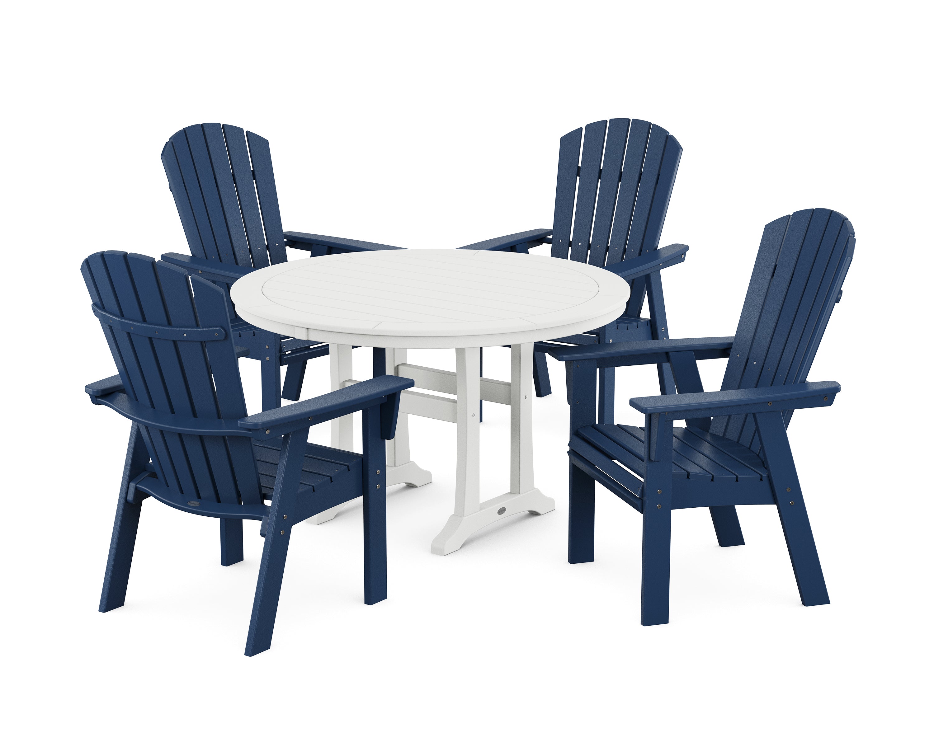 POLYWOOD® Nautical Curveback Adirondack 5-Piece Round Dining Set with Trestle Legs in Navy / White