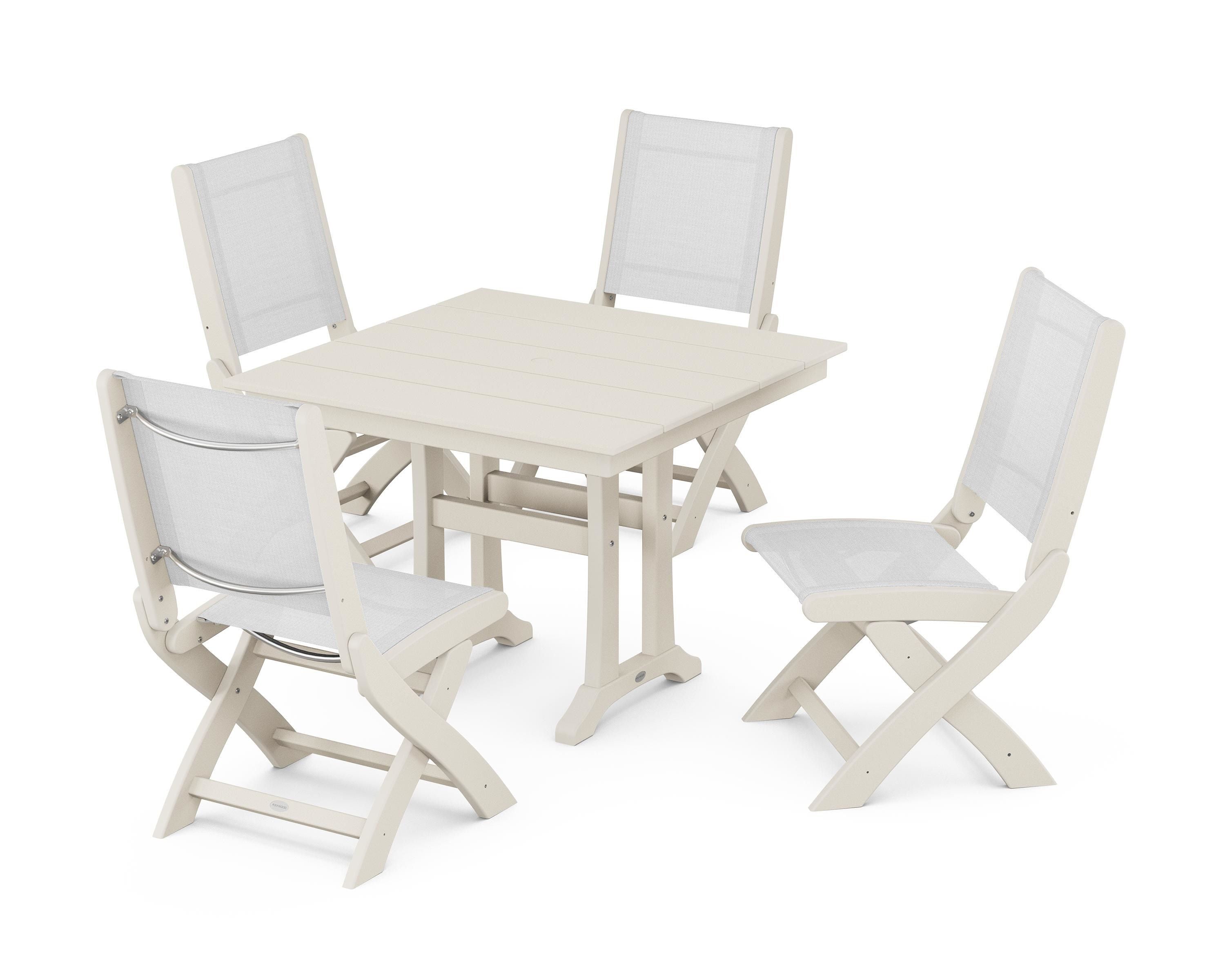 POLYWOOD Coastal Folding Side Chair 5-Piece Farmhouse Dining Set With Trestle Legs in Sand / White Sling