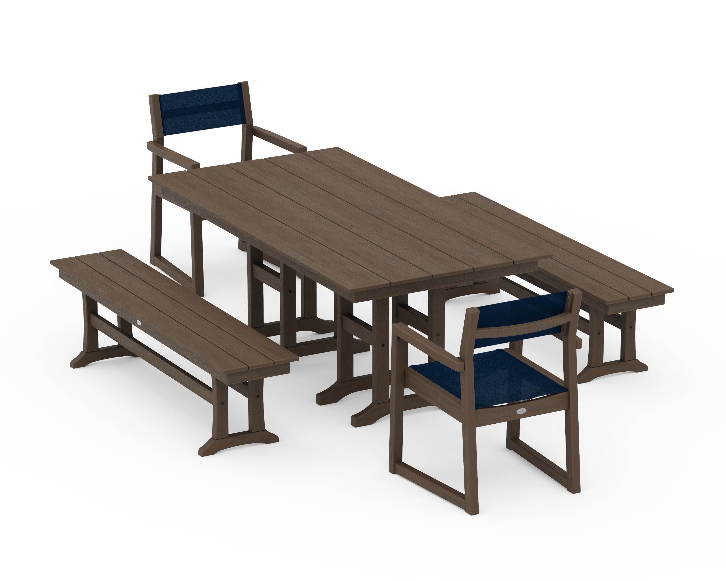 POLYWOOD EDGE Sling Arm Chair 5-Piece Farmhouse Dining Set with Benches in Kona / Navy Blue Sling