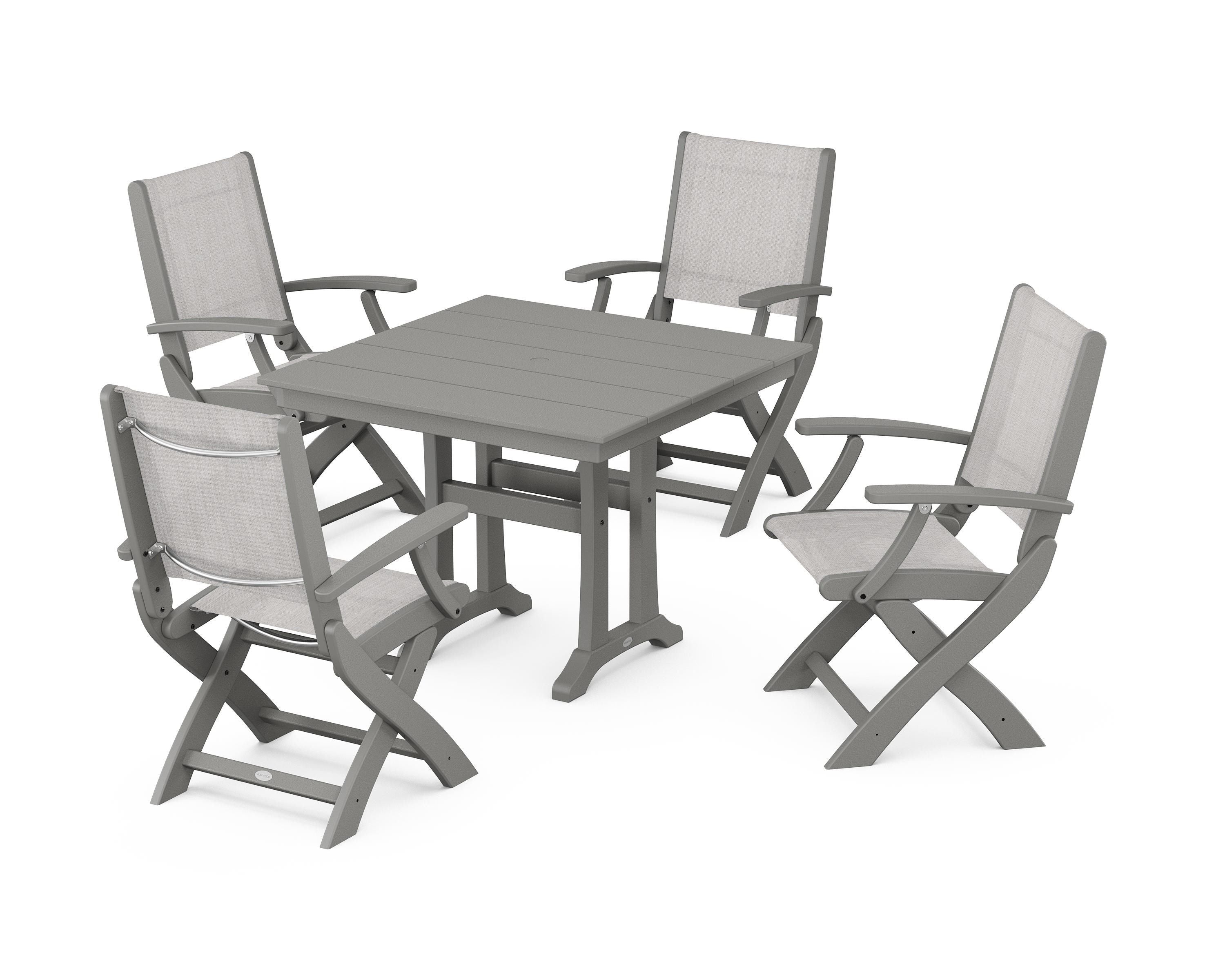 POLYWOOD Coastal Folding Chair 5-Piece Farmhouse Dining Set With Trestle Legs in Slate Grey / Parchment Sling
